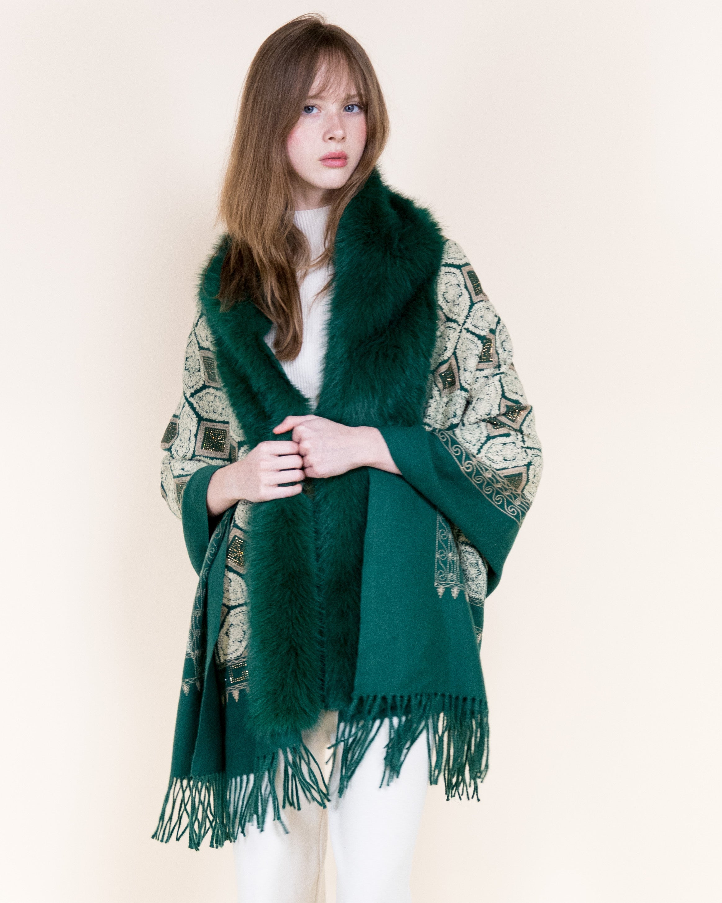 Embroidered Geo Tile Faux Fur Edge Scarf - BLACK (Pack of 6)