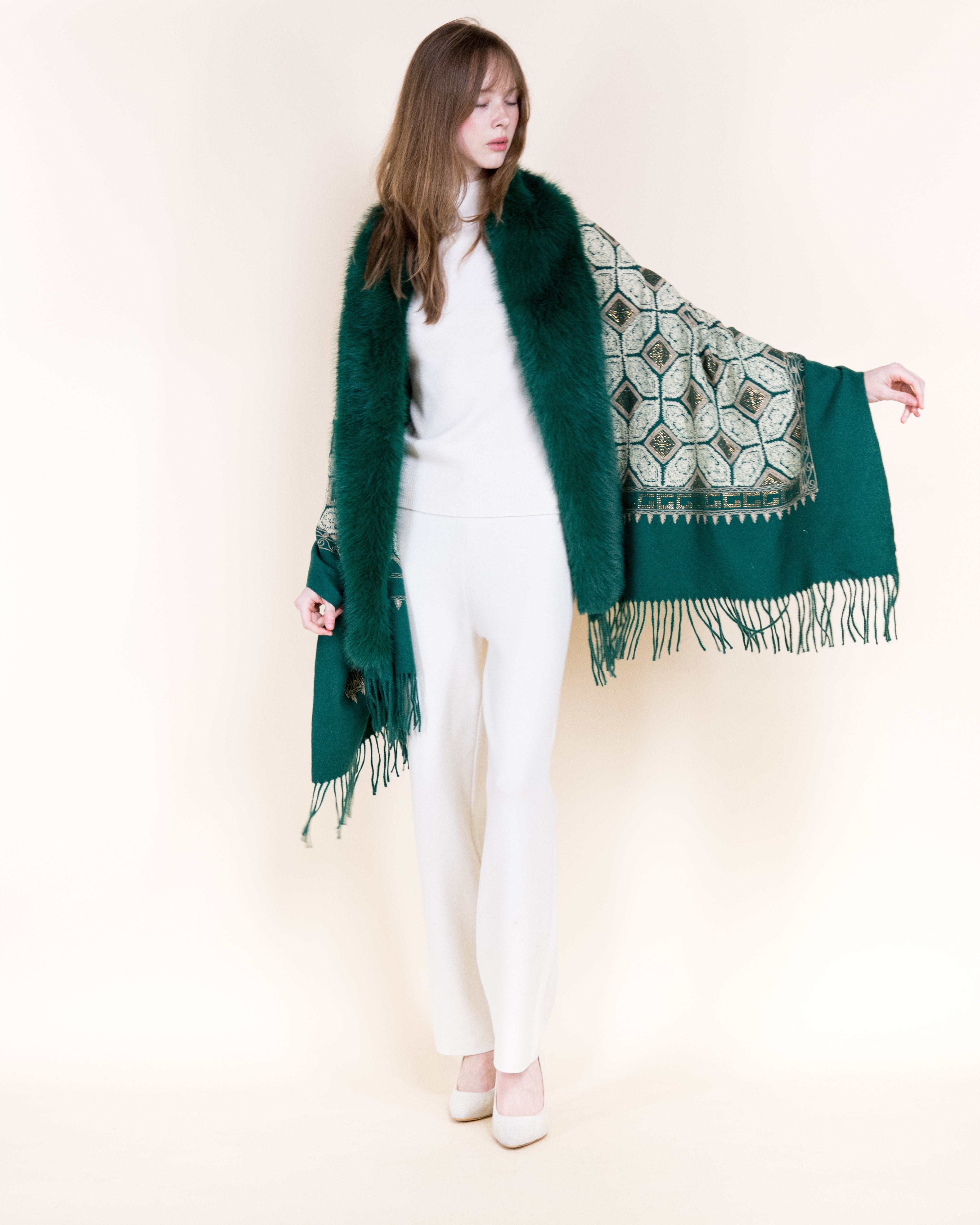 Embroidered Geo Tile Faux Fur Edge Scarf - BLACK (Pack of 6)