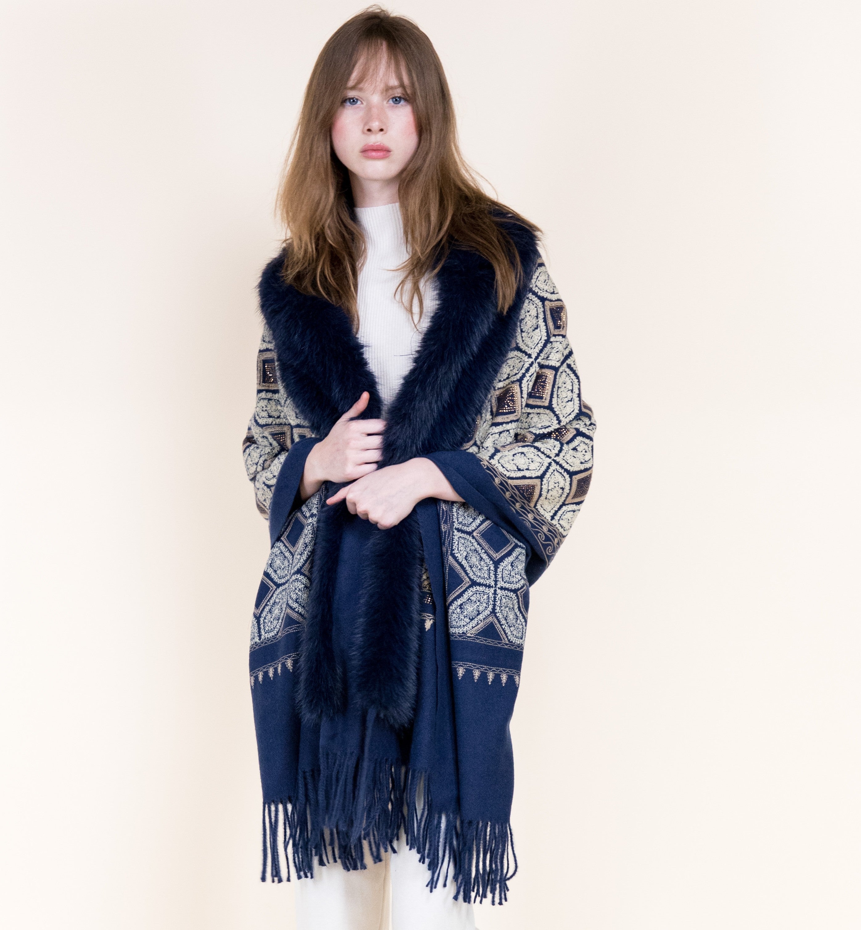 Embroidered Geo Tile Faux Fur Edge Scarf - BLACK (Pack of 6)