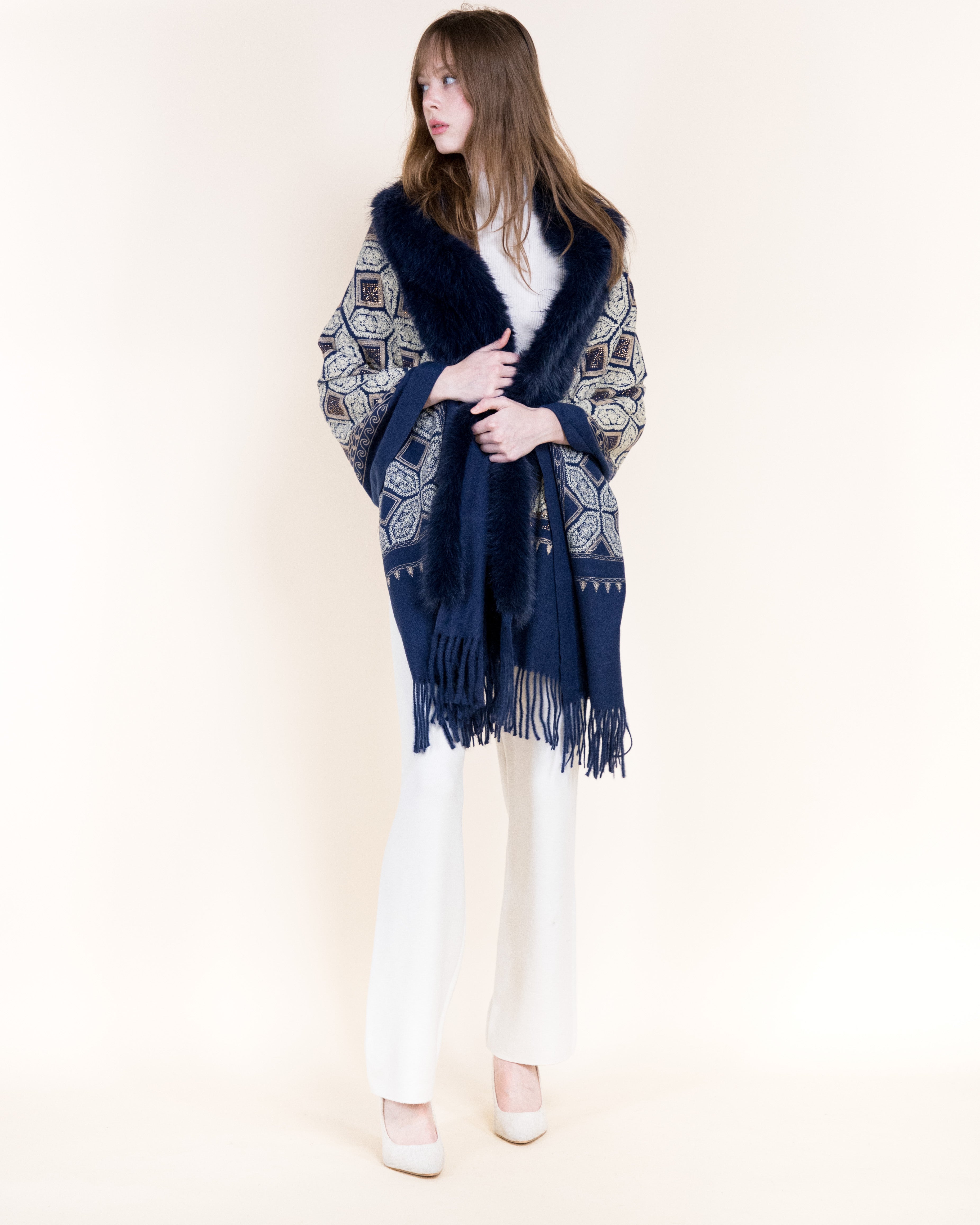 Embroidered Geo Tile Faux Fur Edge Scarf - BLACK (Pack of 6)