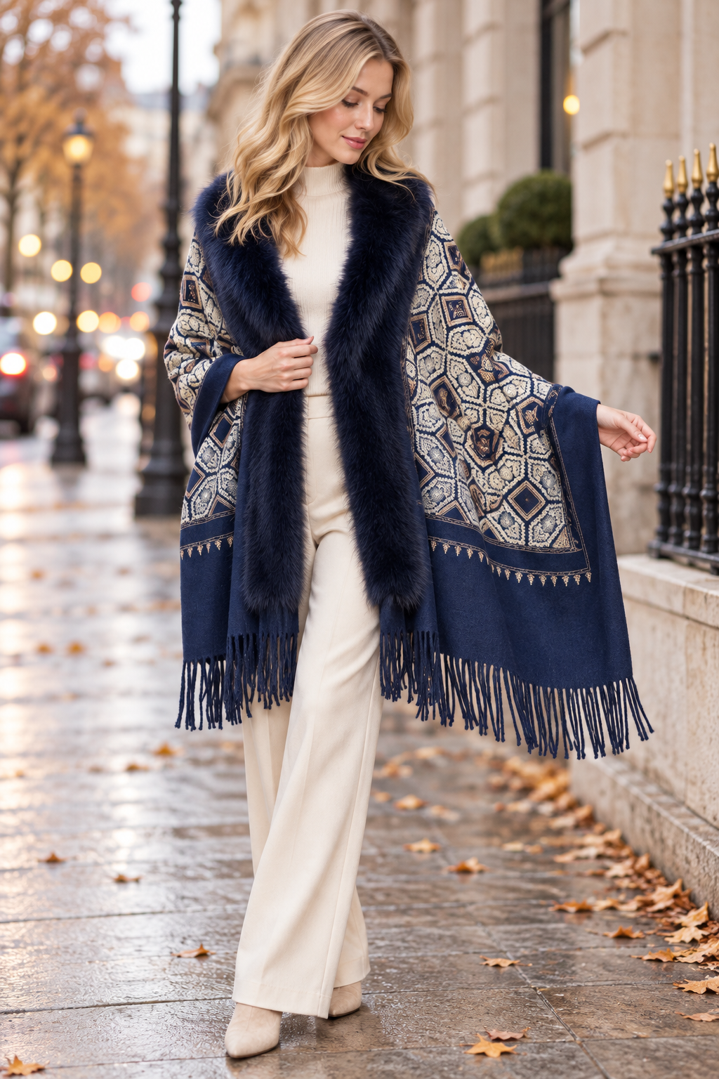 Embroidered Geo Tile Faux Fur Edge Scarf - NAVY (Pack of 6)