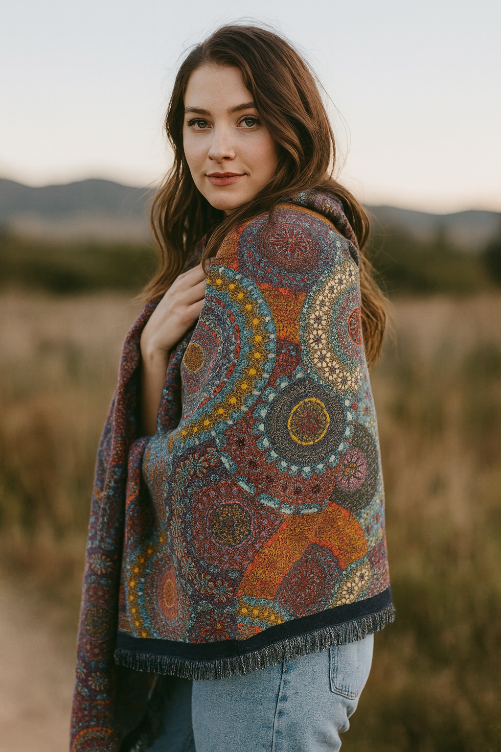 Overlapping Flower Circles Premium Scarf - ORANGE BURGUNDY (Pack of 6)