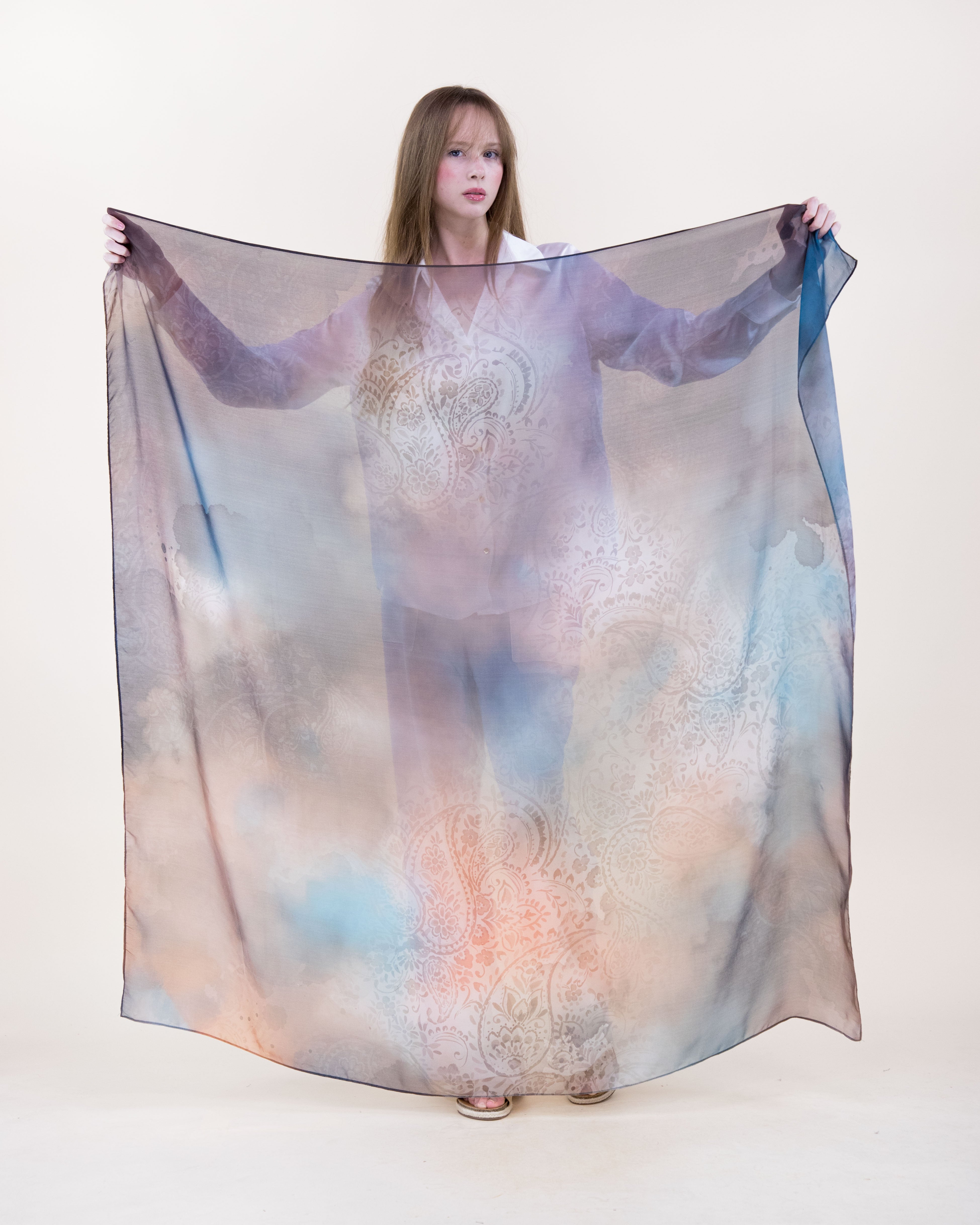 Sun Washed Watercolor Cloud Silky Large Square Scarf - BROWN AQUA (Pack of 6)