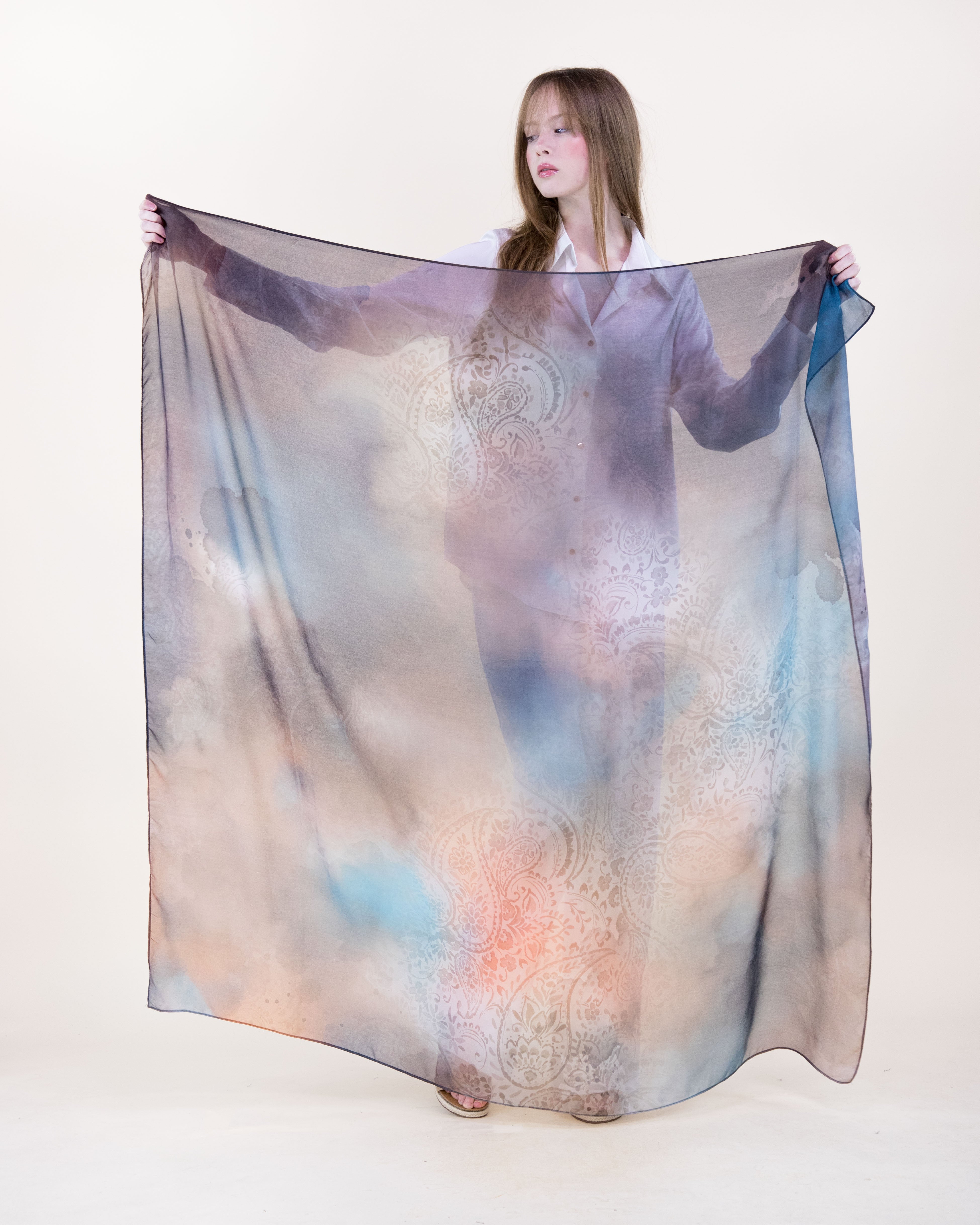 Sun Washed Watercolor Cloud Silky Large Square Scarf - BROWN AQUA (Pack of 6)
