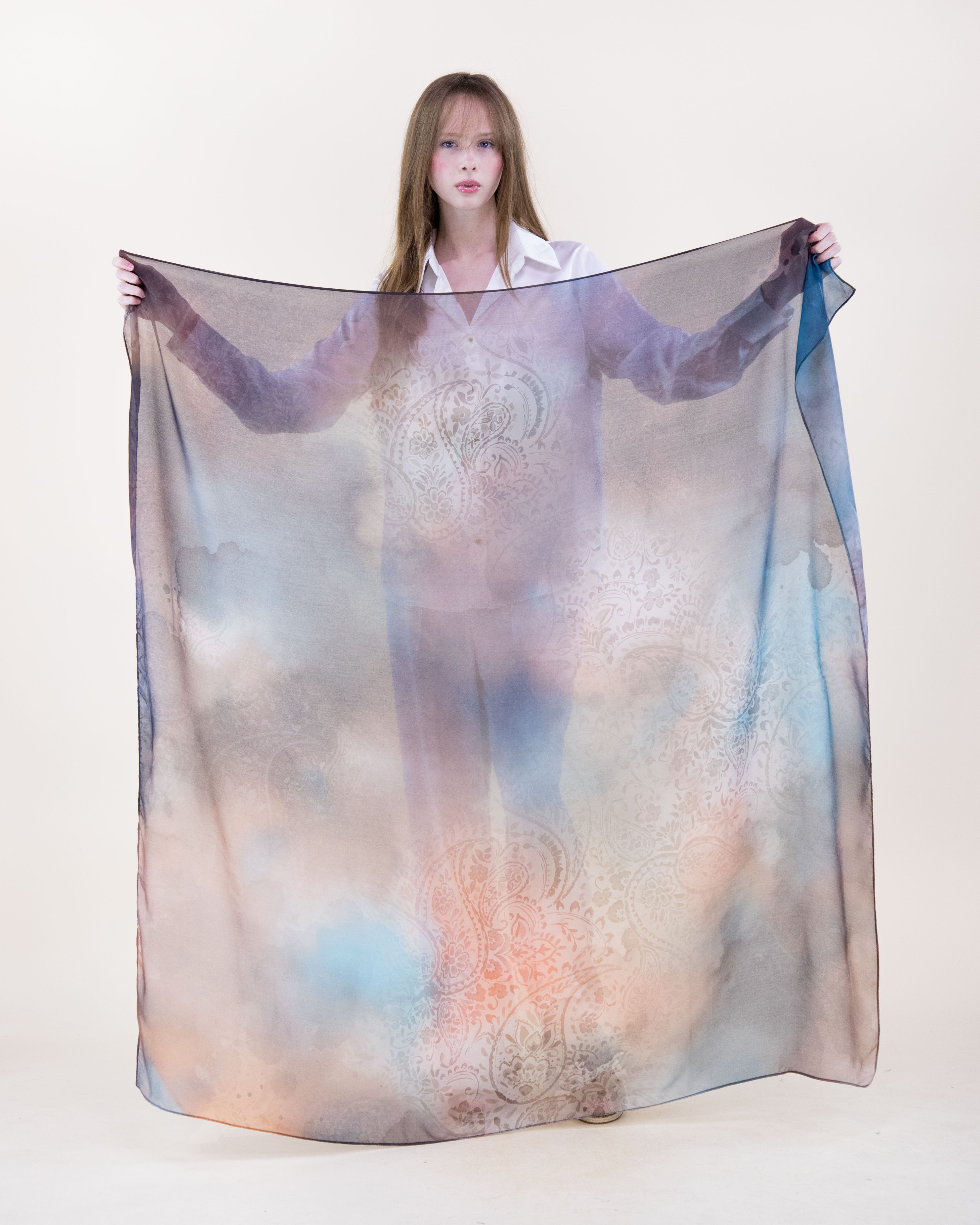 Sun Washed Watercolor Cloud Silky Large Square Scarf - BROWN AQUA (Pack of 6)