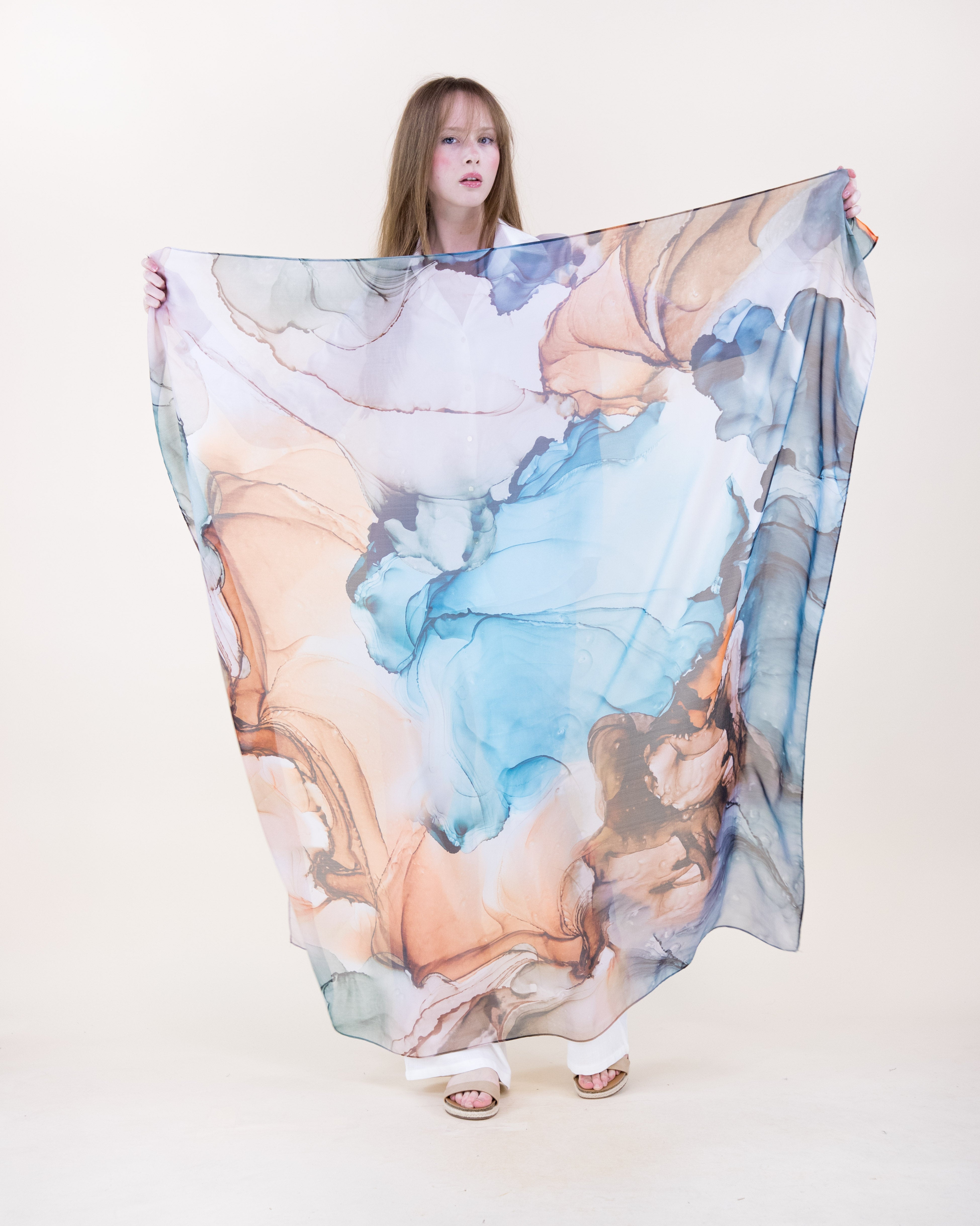Artisan Ink Wash Silky Large Square Scarf - AQUA ORANGE (Pack of 6)