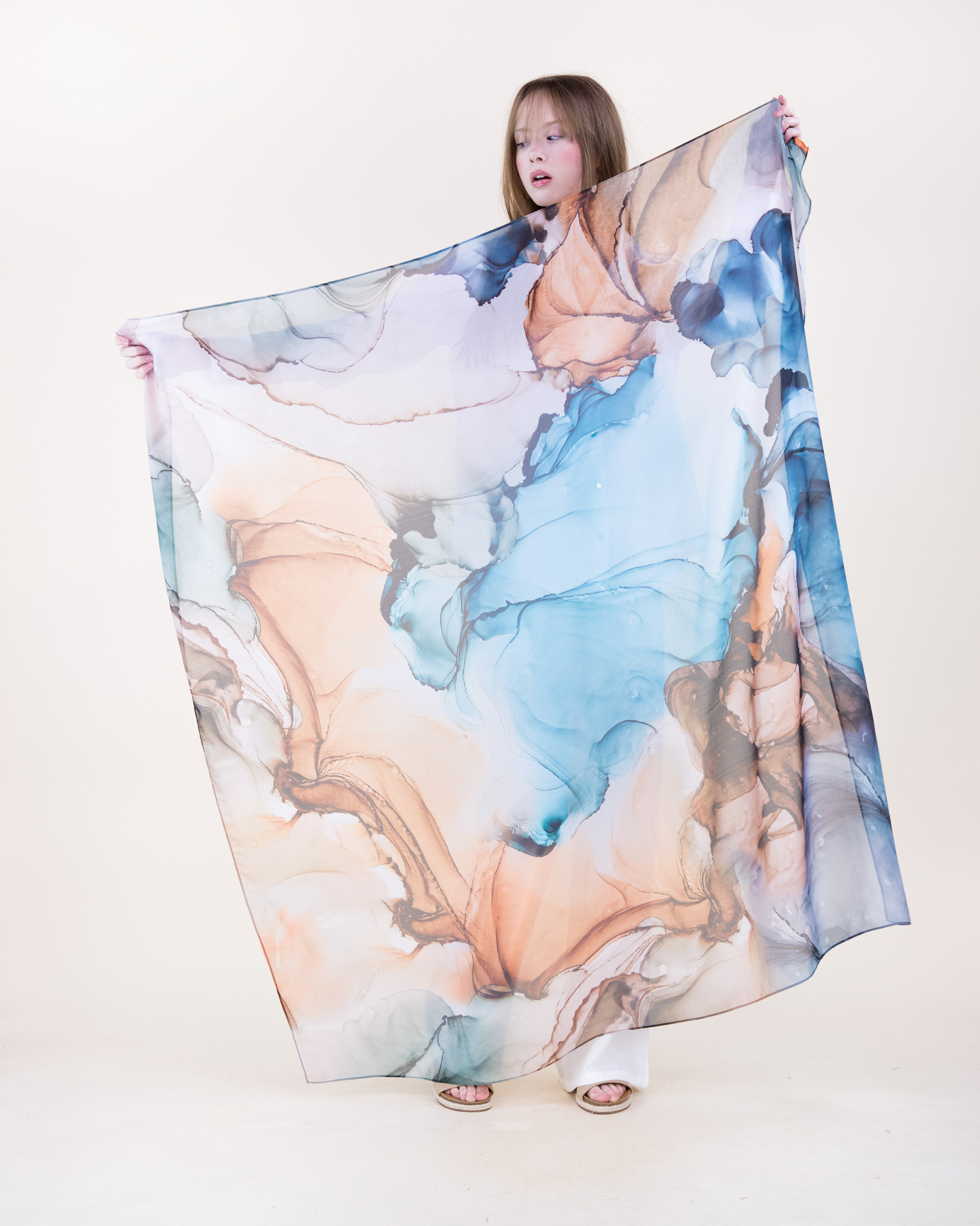 Artisan Ink Wash Silky Large Square Scarf - AQUA ORANGE (Pack of 6)