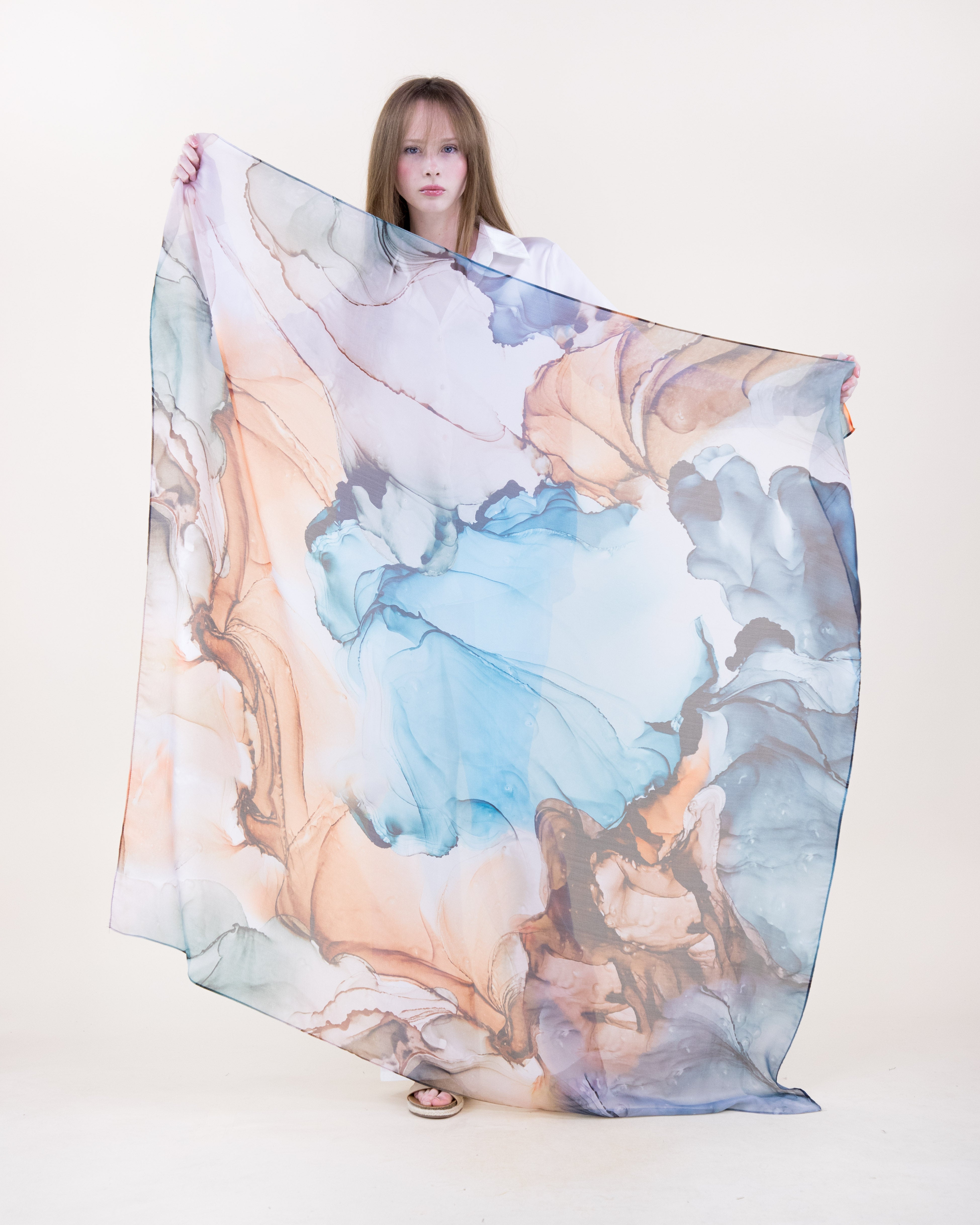 Artisan Ink Wash Silky Large Square Scarf - AQUA ORANGE (Pack of 6)