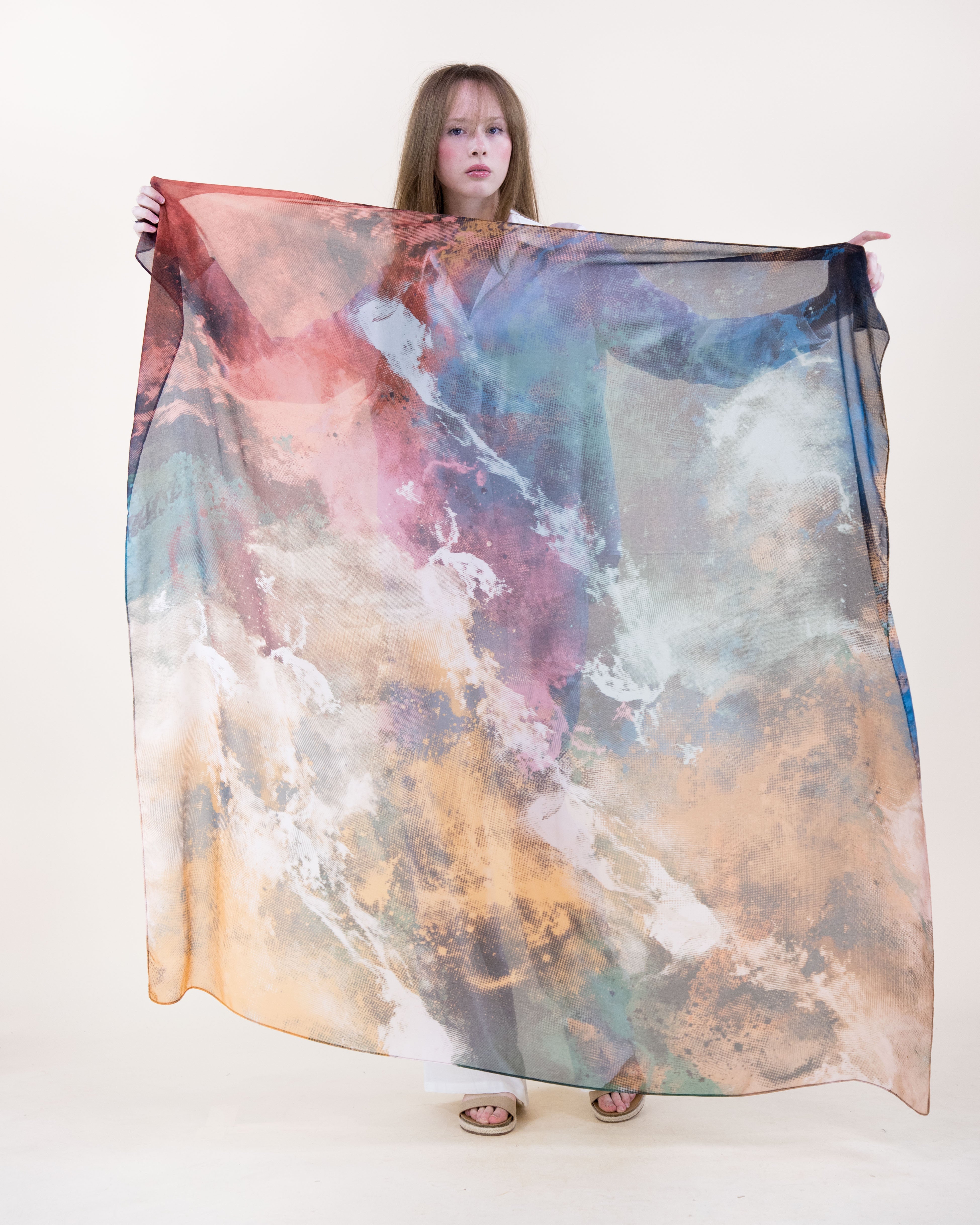 Fresco Ink Wash Silky Large Square Scarf - GOLD TEAL (Pack of 6)