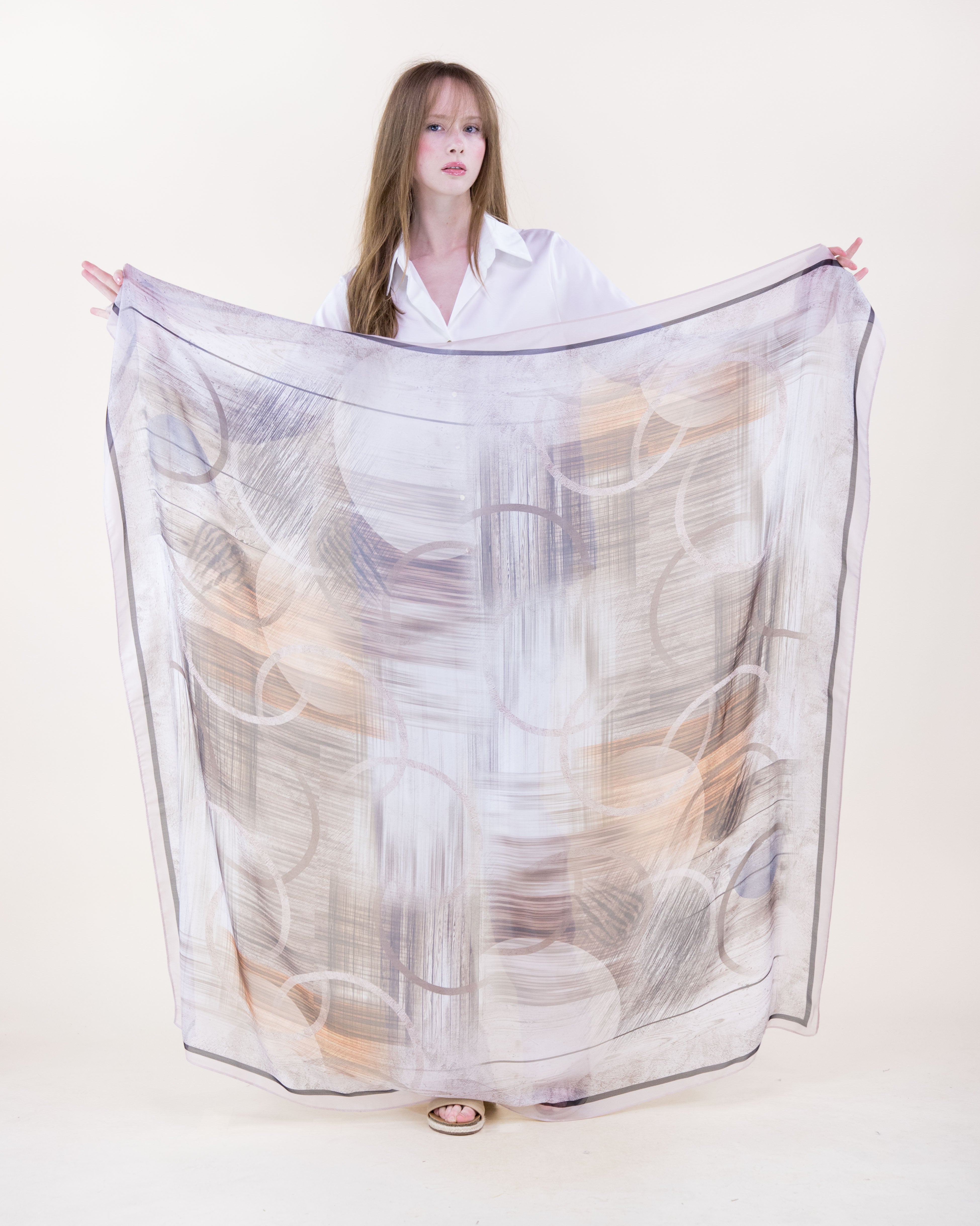 Abstract Collage Silky Large Square Scarf - BEIGE BROWN (Pack of 6)