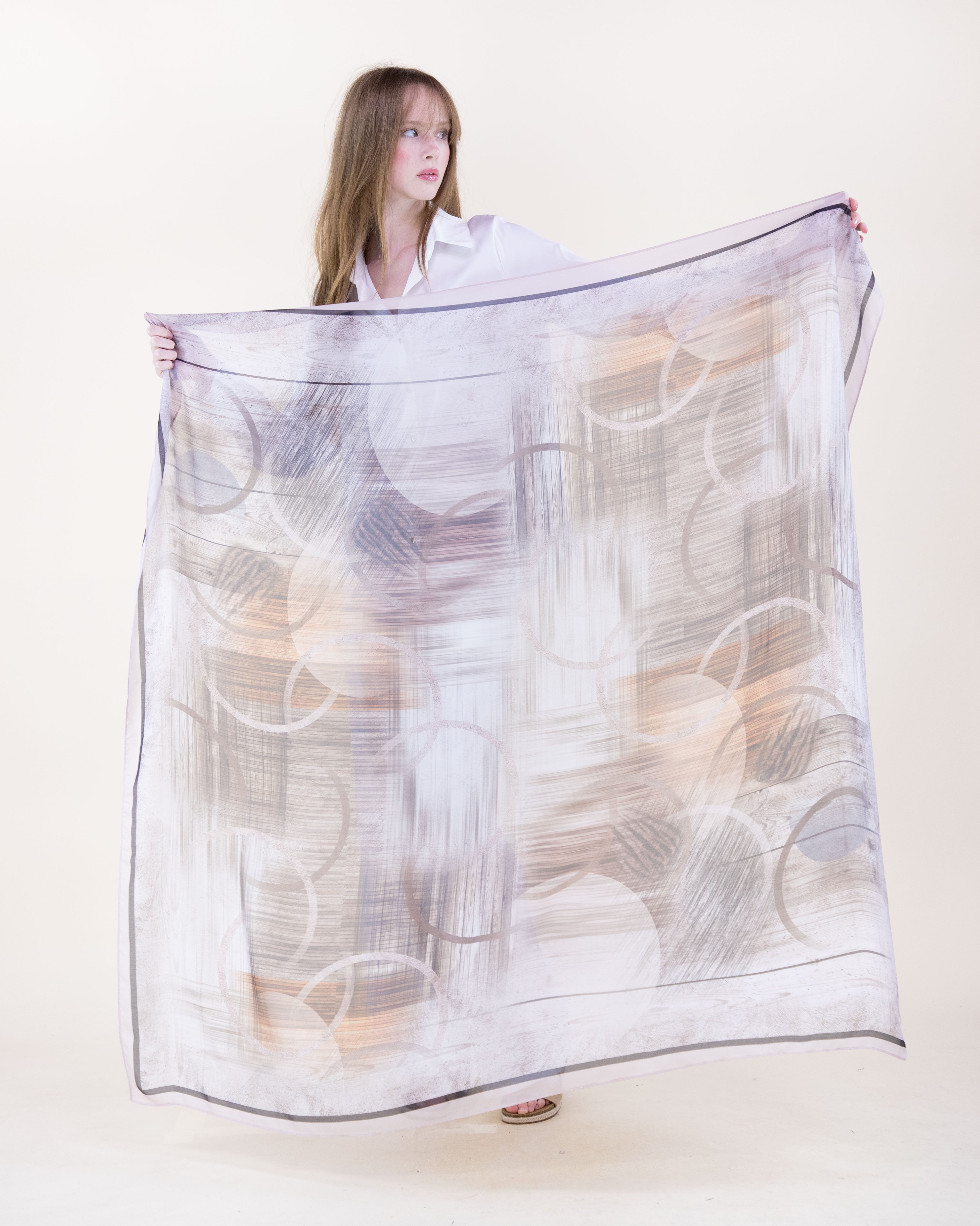 Abstract Collage Silky Large Square Scarf - BEIGE BROWN (Pack of 6)