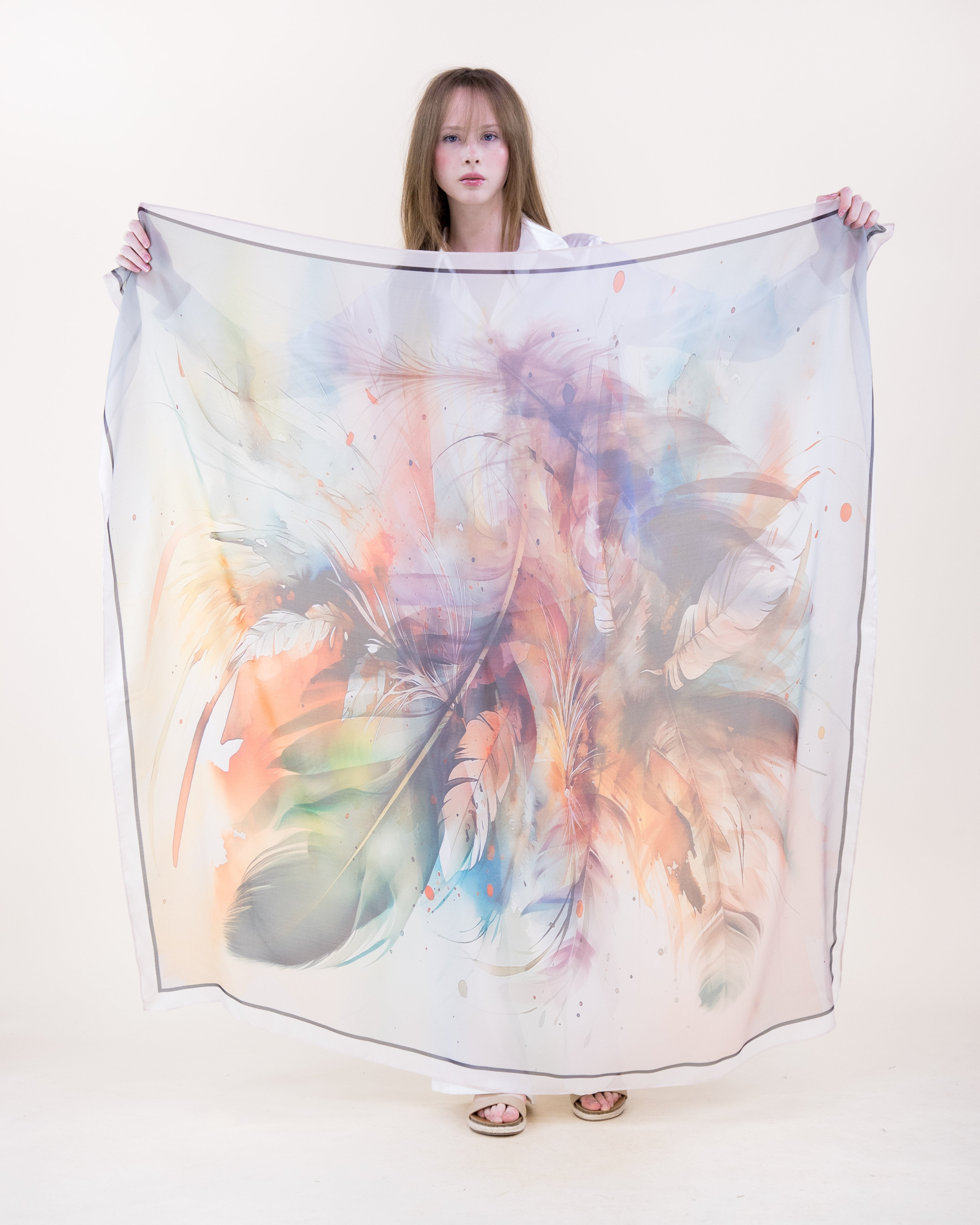 Boho Plume Watercolor Silky Large Square Scarf - BEIGE MULTICOLOR (Pack of 6)