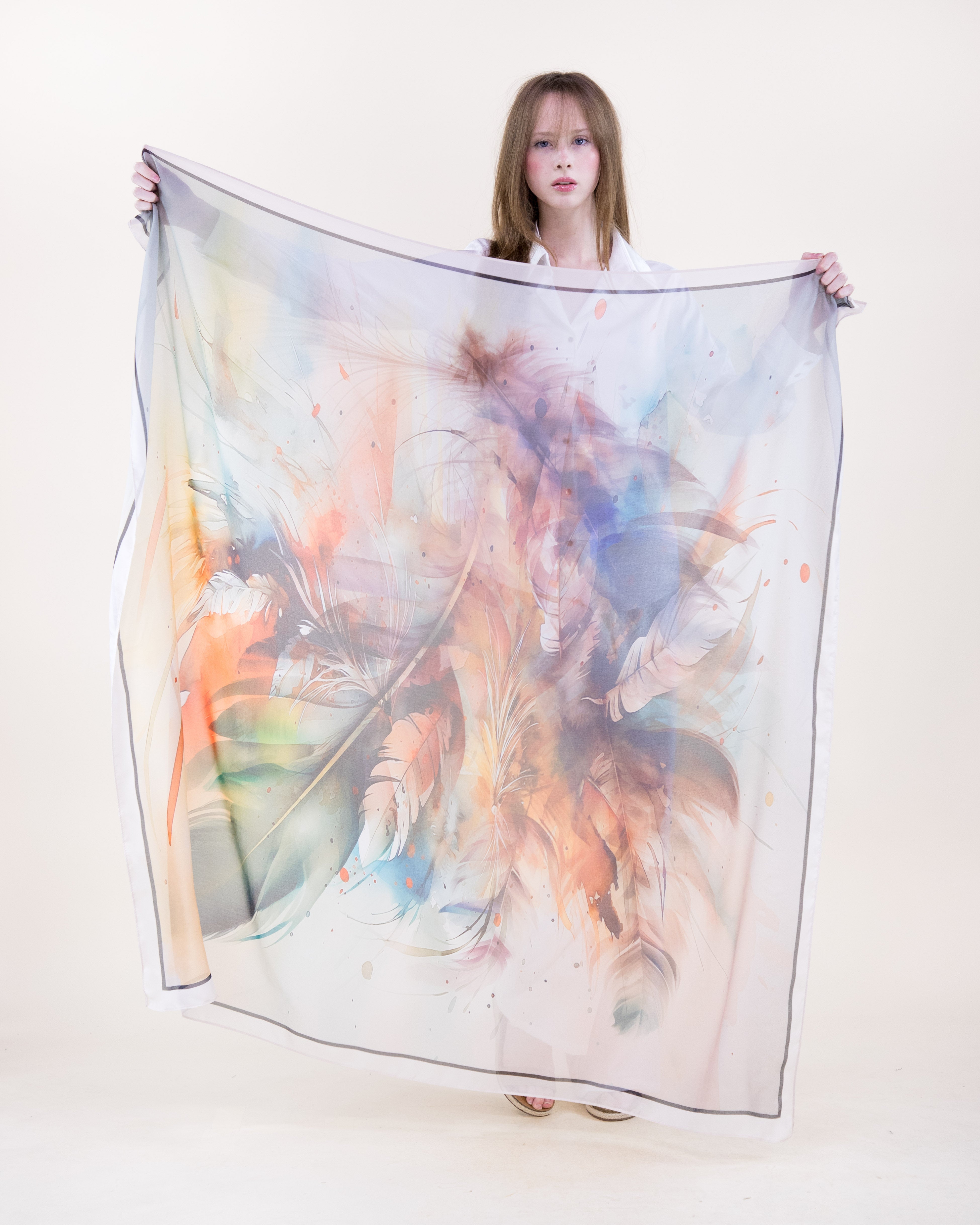 Boho Plume Watercolor Silky Large Square Scarf - BEIGE MULTICOLOR (Pack of 6)