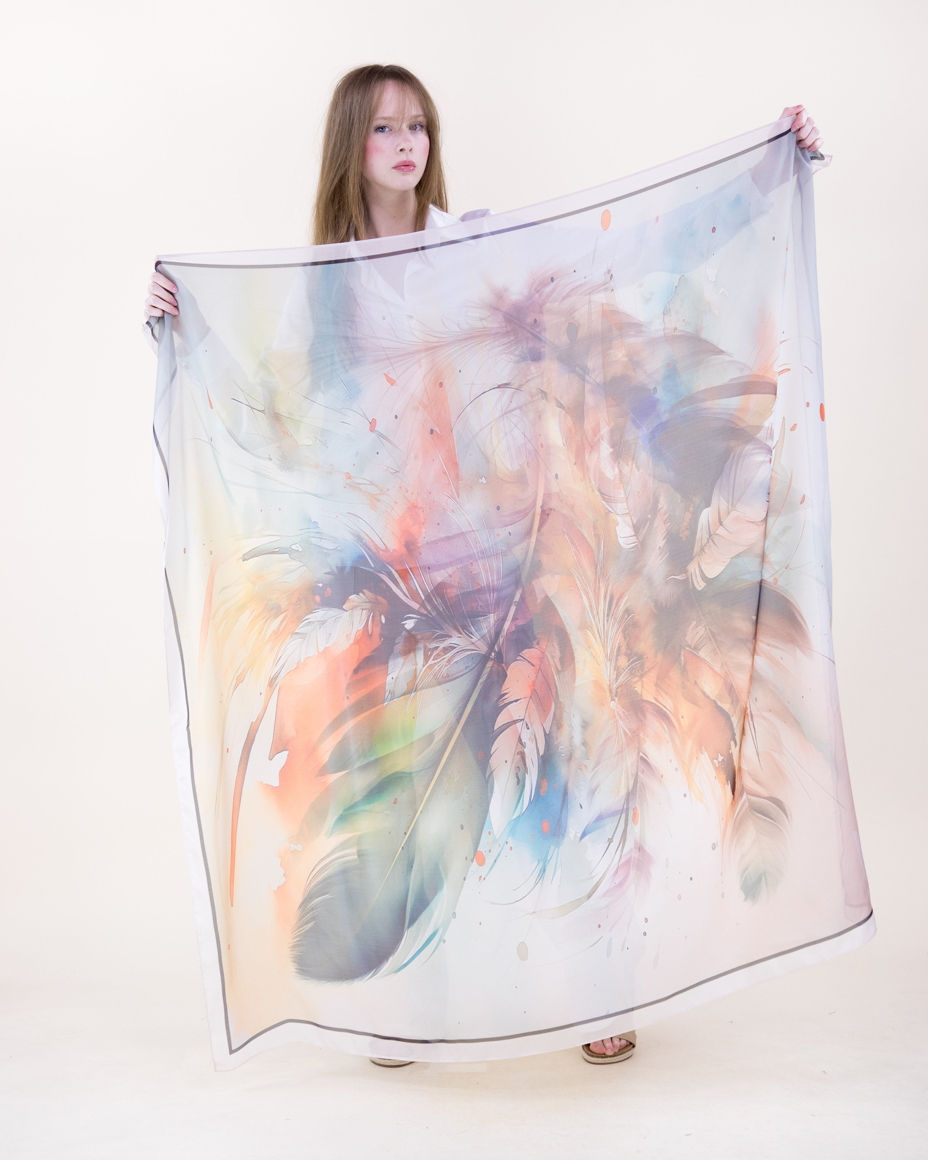 Boho Plume Watercolor Silky Large Square Scarf - BEIGE MULTICOLOR (Pack of 6)