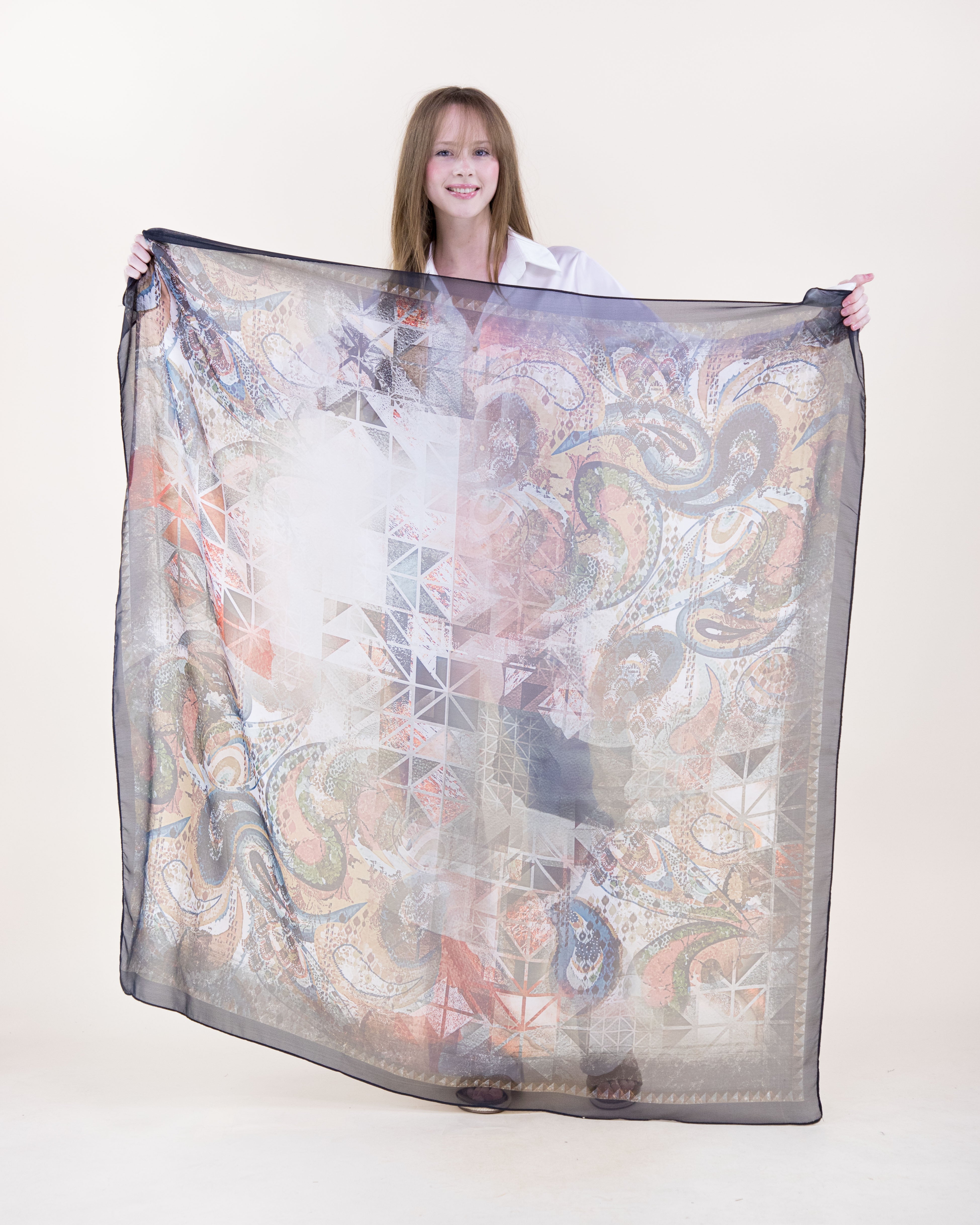 Paisley Fresco Silky Large Square Scarf - BLACK BEIGE (Pack of 6)