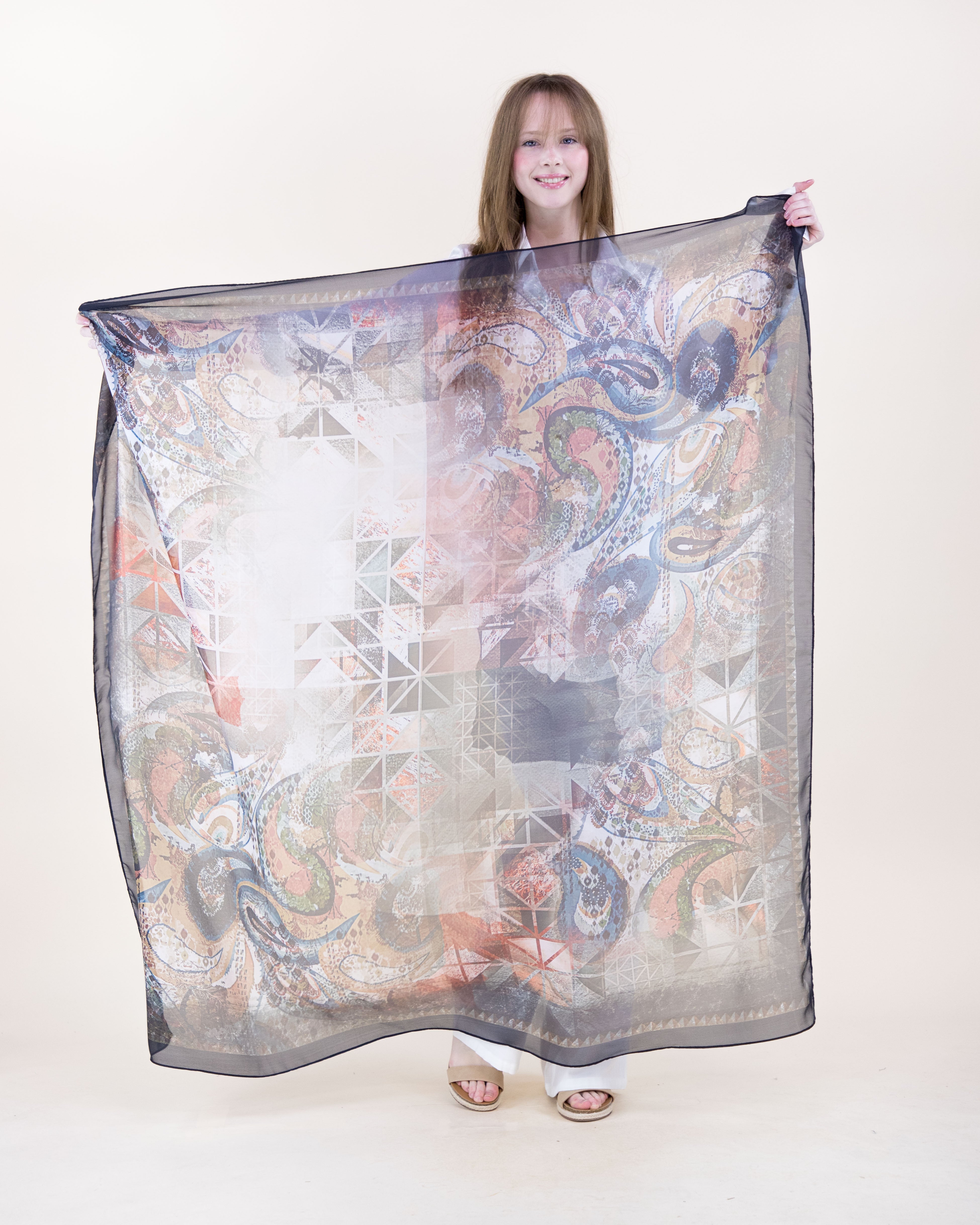 Paisley Fresco Silky Large Square Scarf - BLACK BEIGE (Pack of 6)
