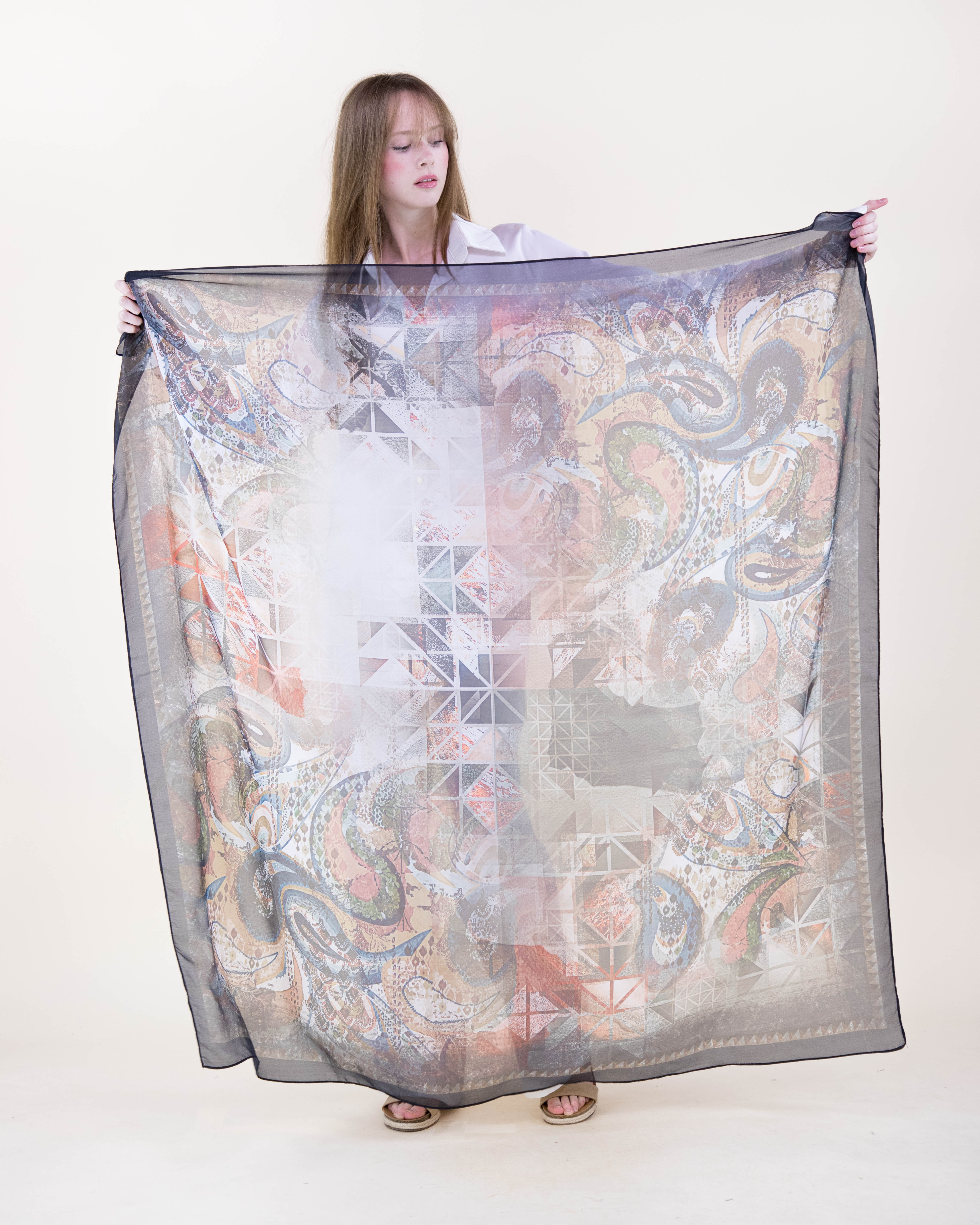 Paisley Fresco Silky Large Square Scarf - BLACK BEIGE (Pack of 6)