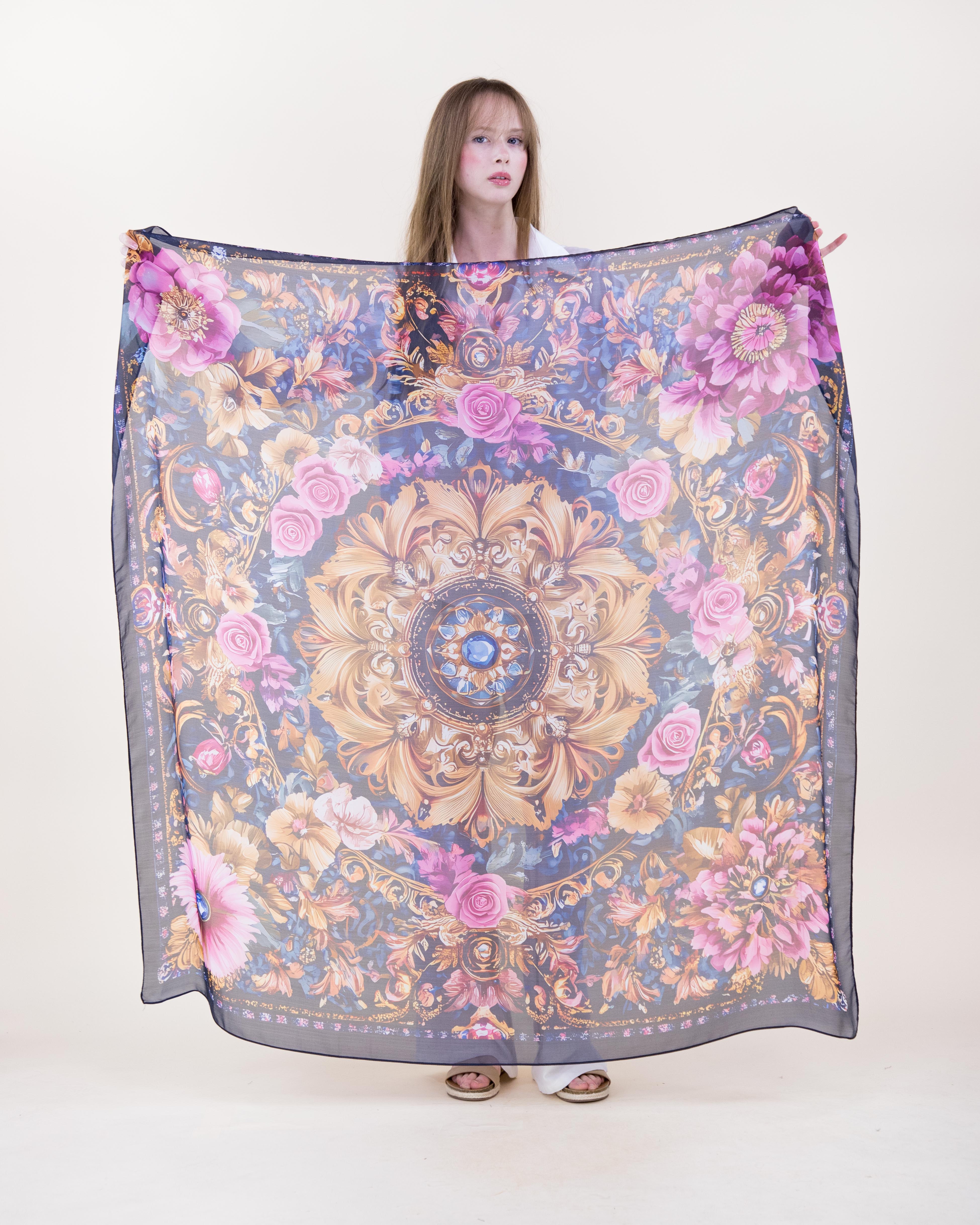 Romantic Baroque Mandala Silky Large Square Scarf - NAVY MAGENTA (Pack of 6)