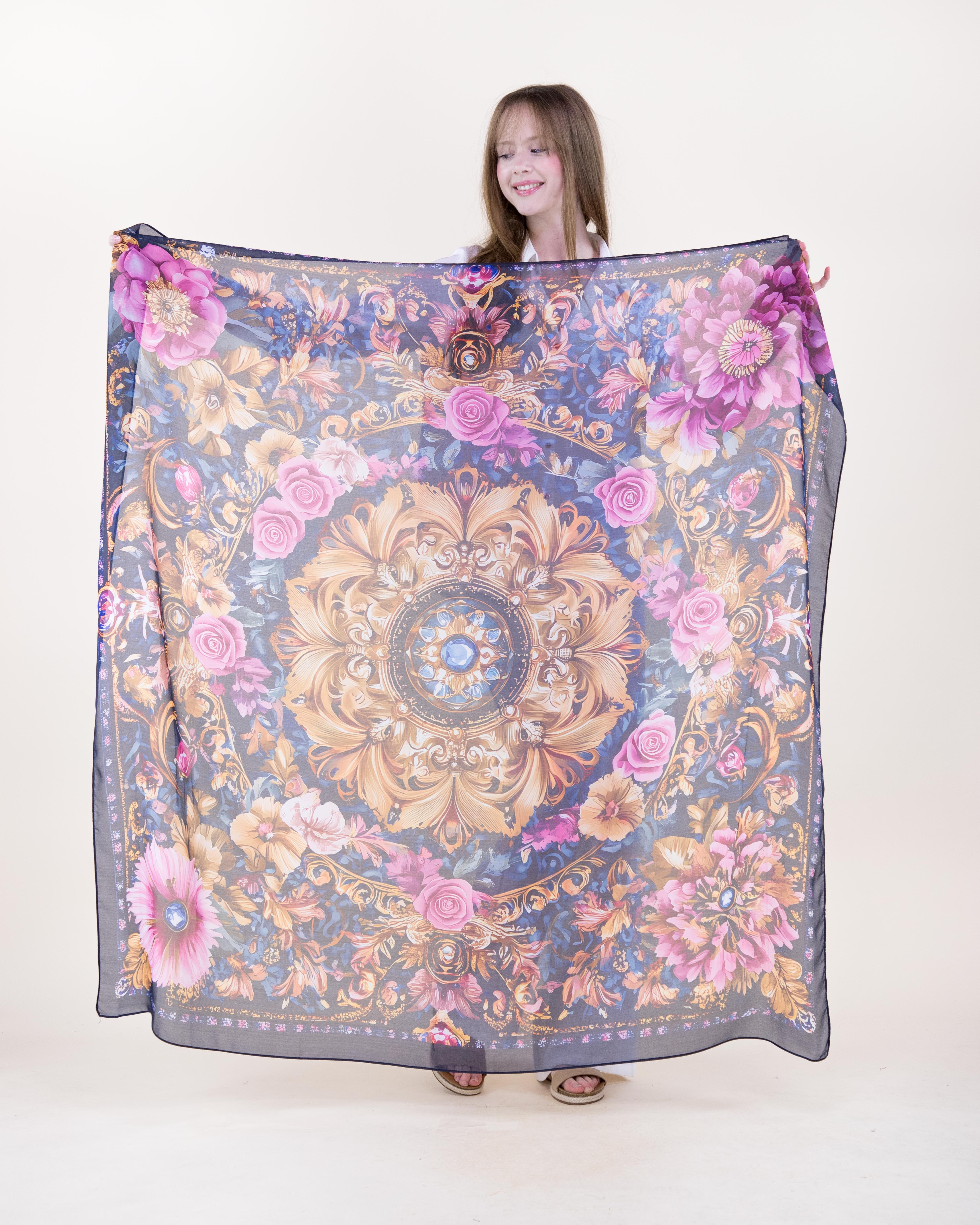 Romantic Baroque Mandala Silky Large Square Scarf - NAVY MAGENTA (Pack of 6)