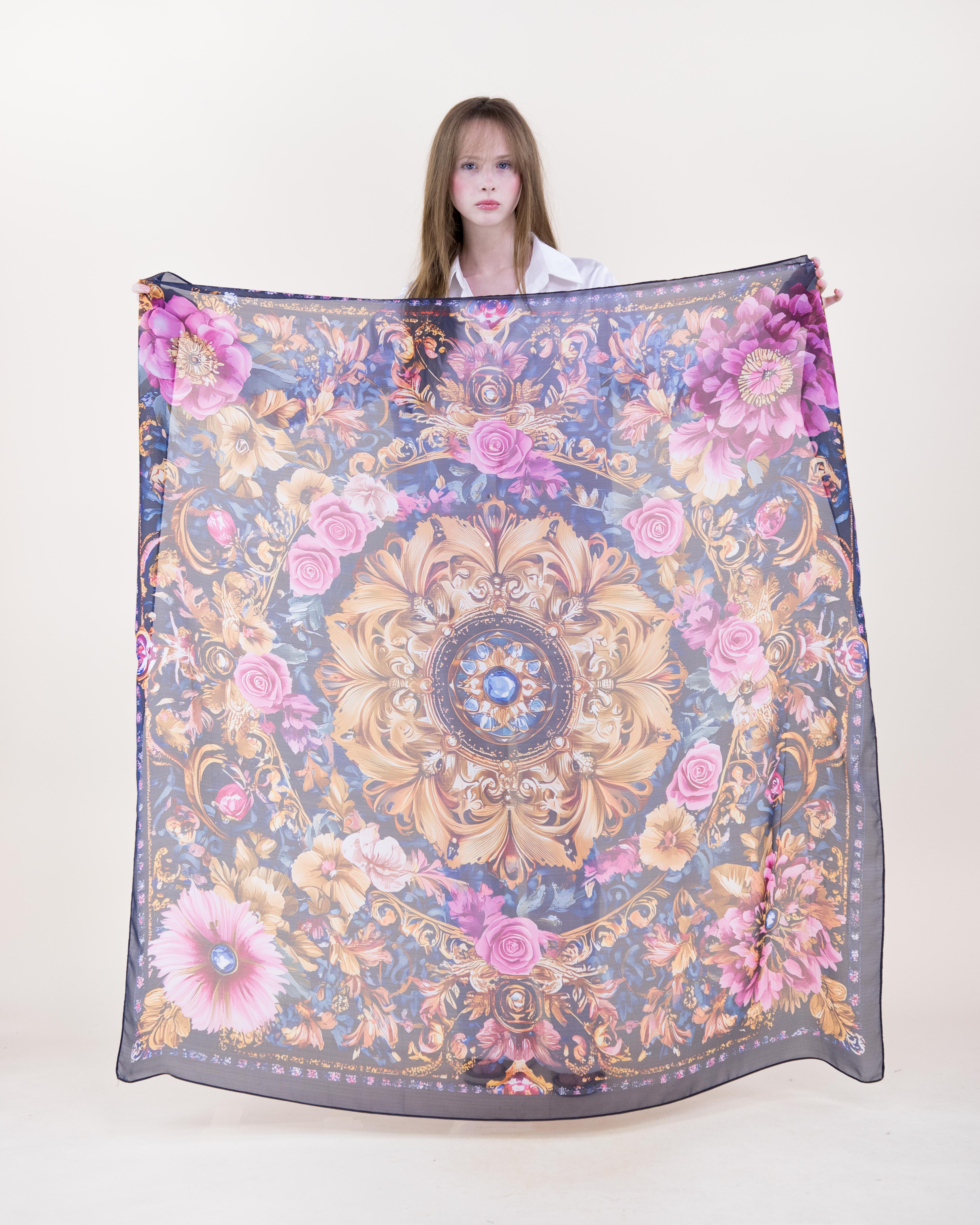 Romantic Baroque Mandala Silky Large Square Scarf - NAVY MAGENTA (Pack of 6)