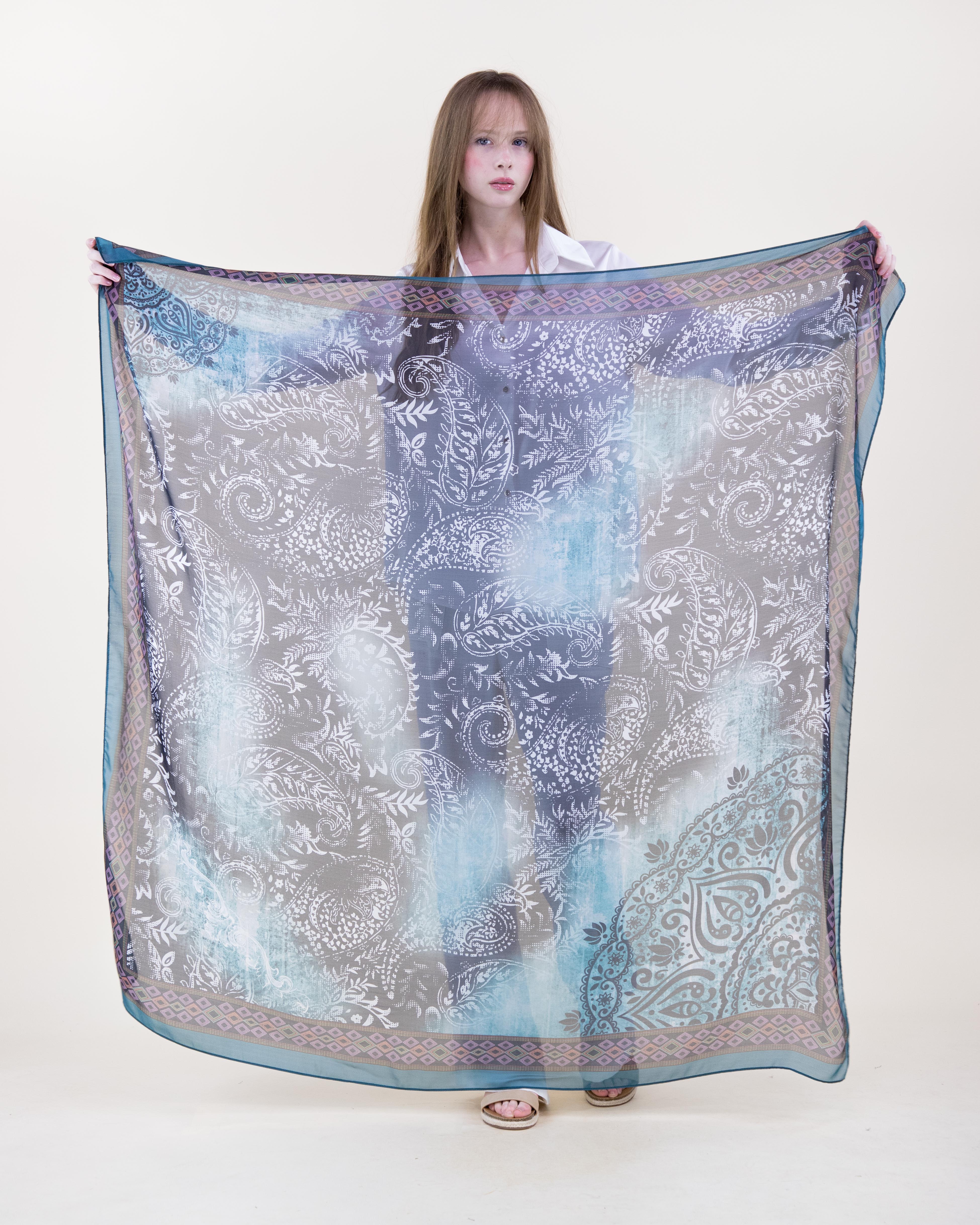 Aqua Haze Paisley Silky Large Square Scarf - TEAL BROWN (Pack of 6)