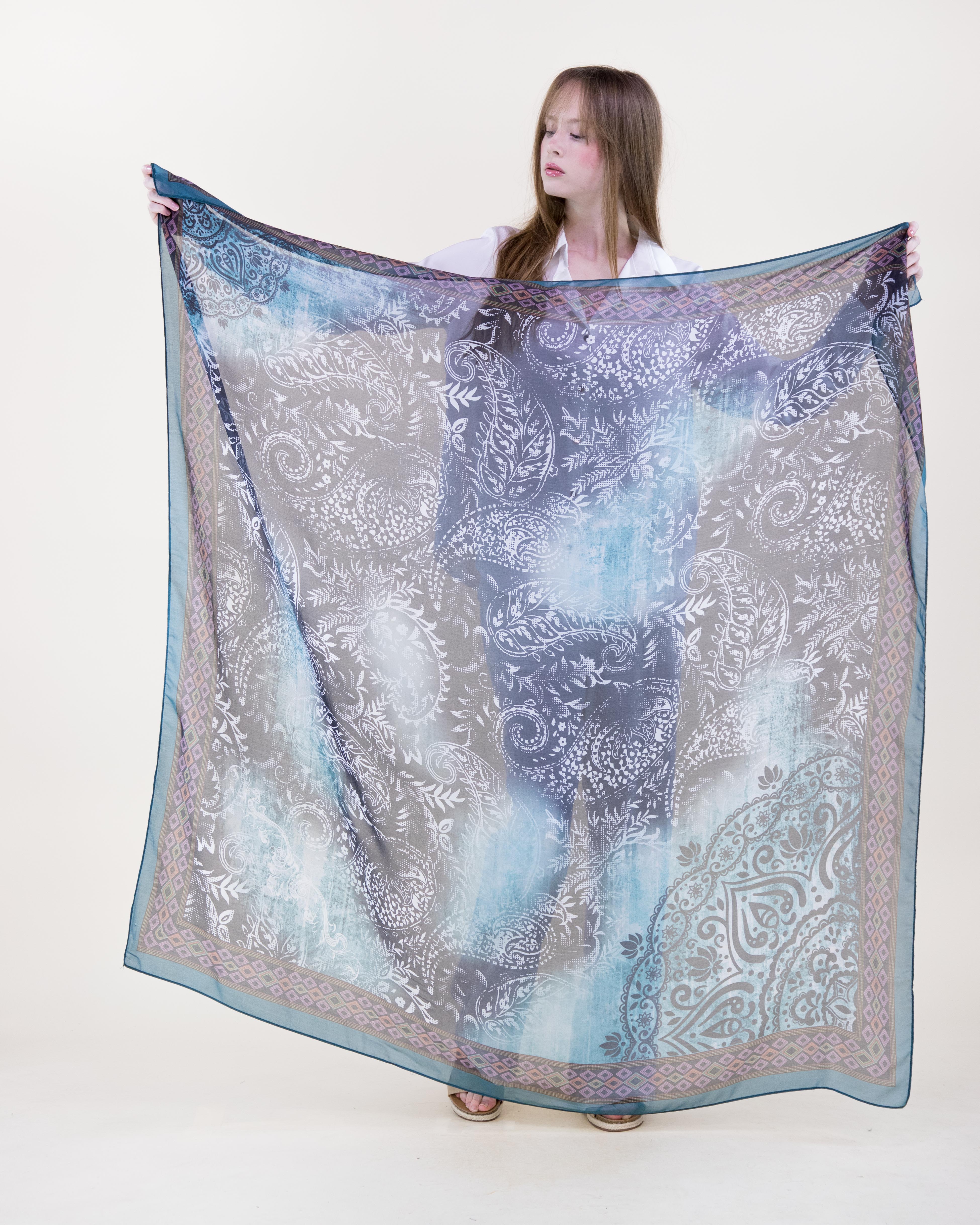 Aqua Haze Paisley Silky Large Square Scarf - TEAL BROWN (Pack of 6)