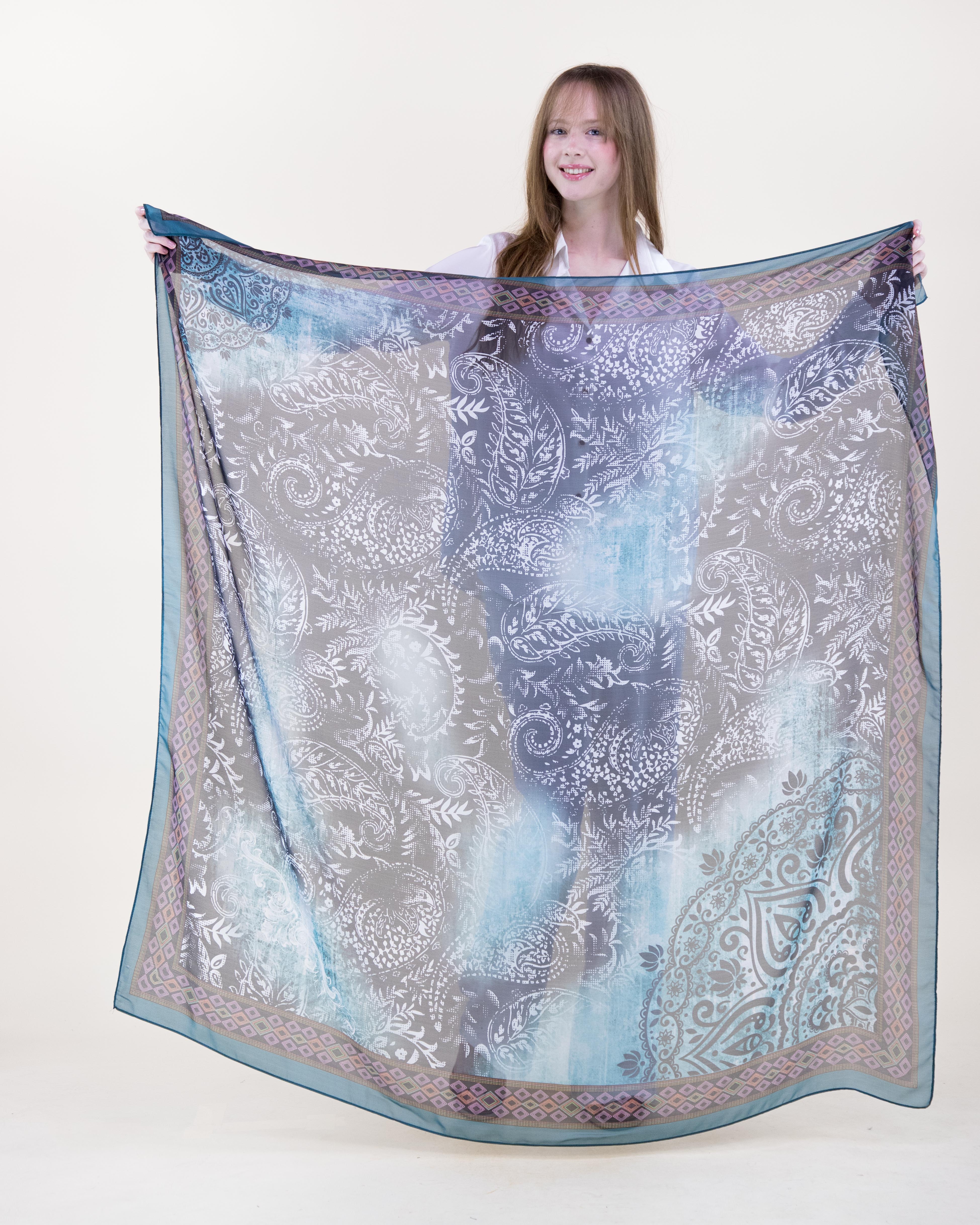 Aqua Haze Paisley Silky Large Square Scarf - TEAL BROWN (Pack of 6)