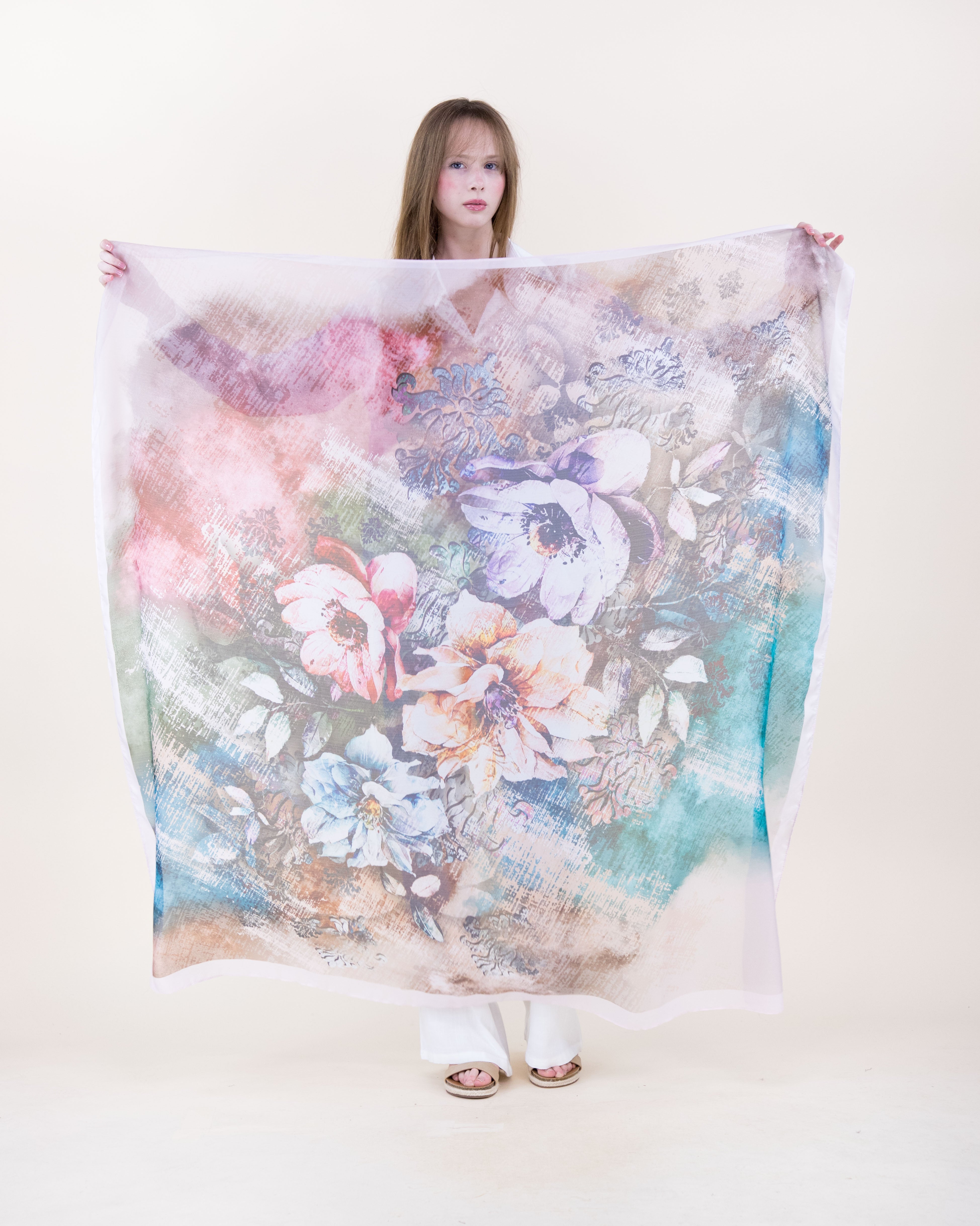 Cottage Garden Silky Large Square Scarf - BEIGE MULTICOLOR (Pack of 6)