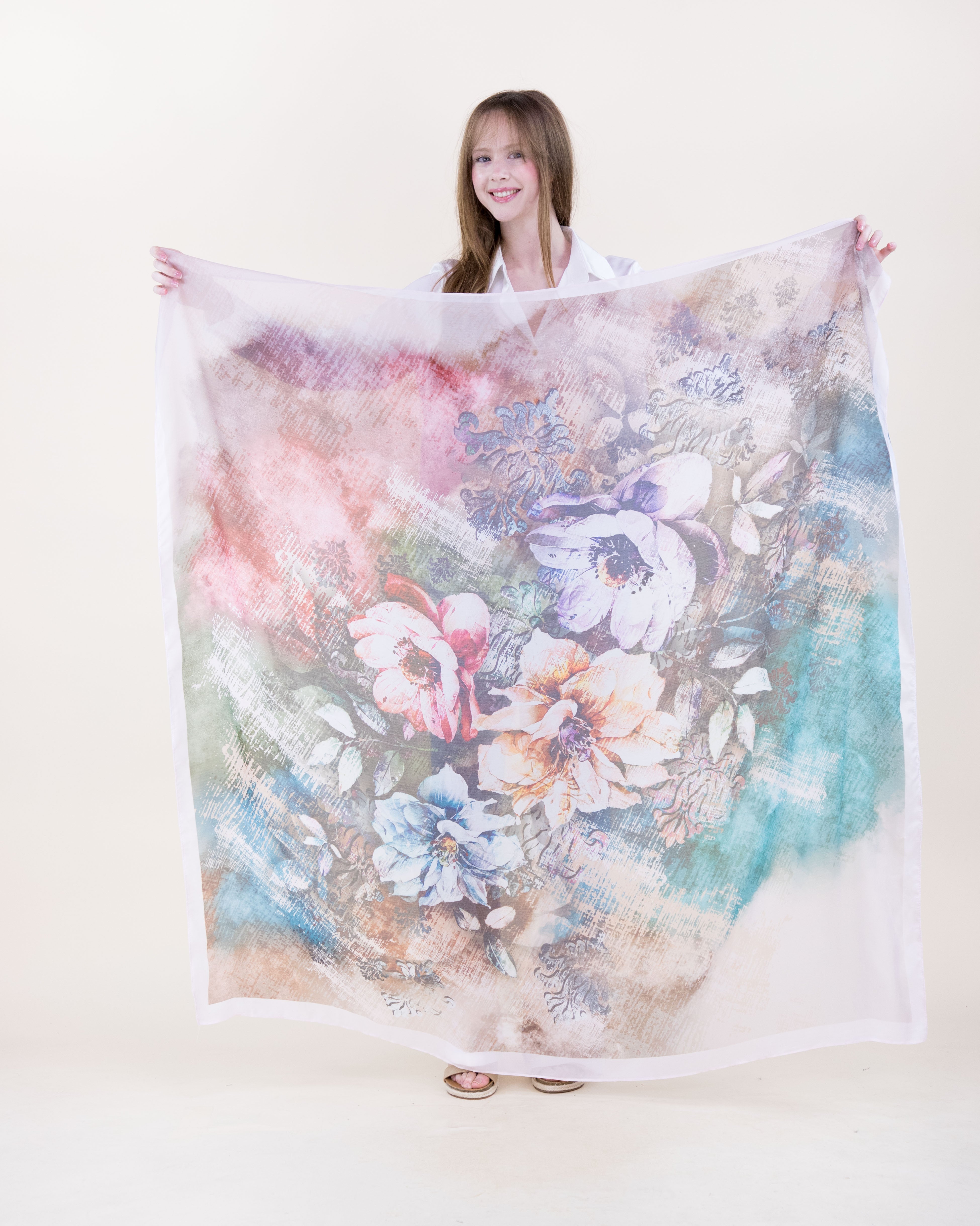 Cottage Garden Silky Large Square Scarf - BEIGE MULTICOLOR (Pack of 6)