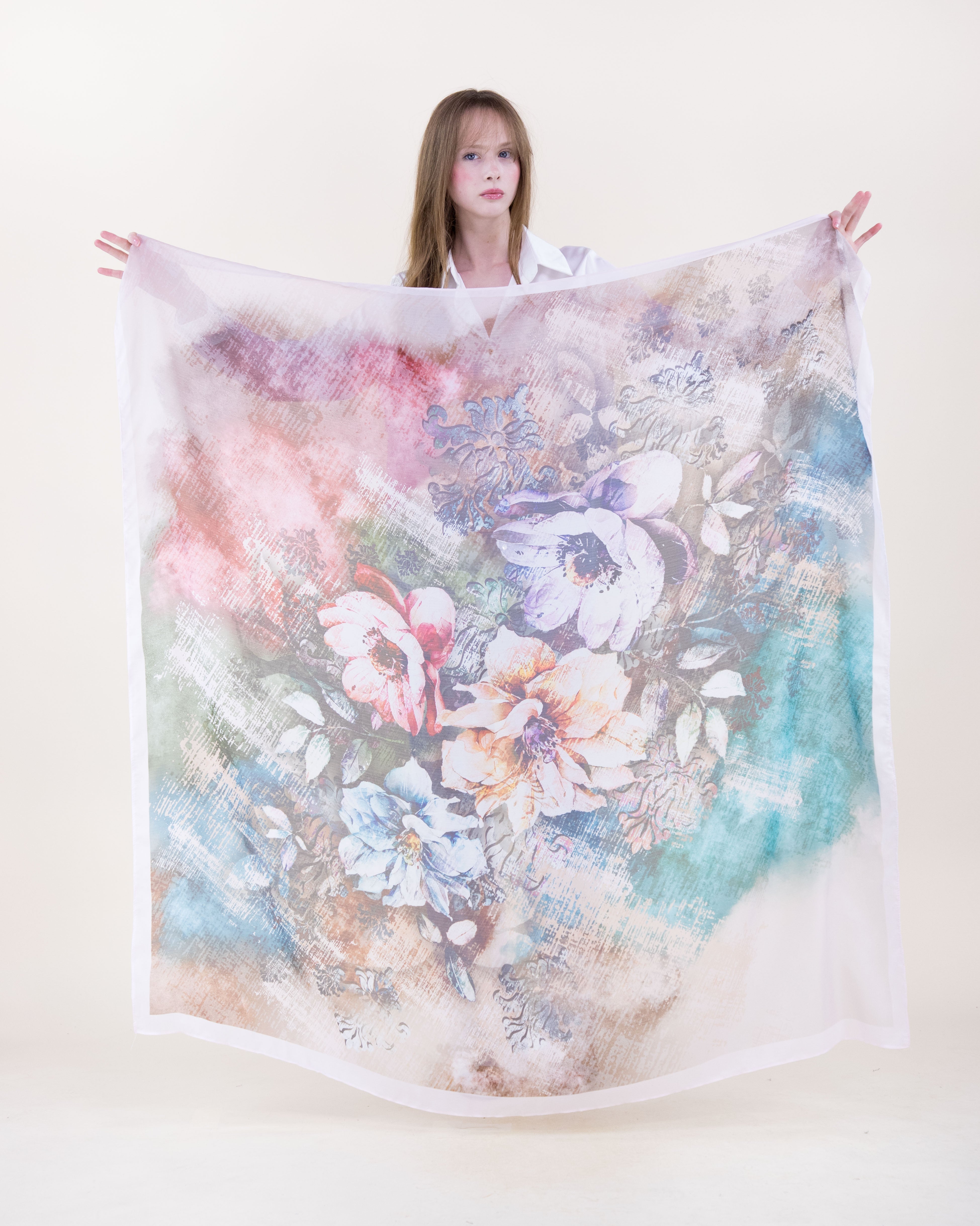 Cottage Garden Silky Large Square Scarf - BEIGE MULTICOLOR (Pack of 6)