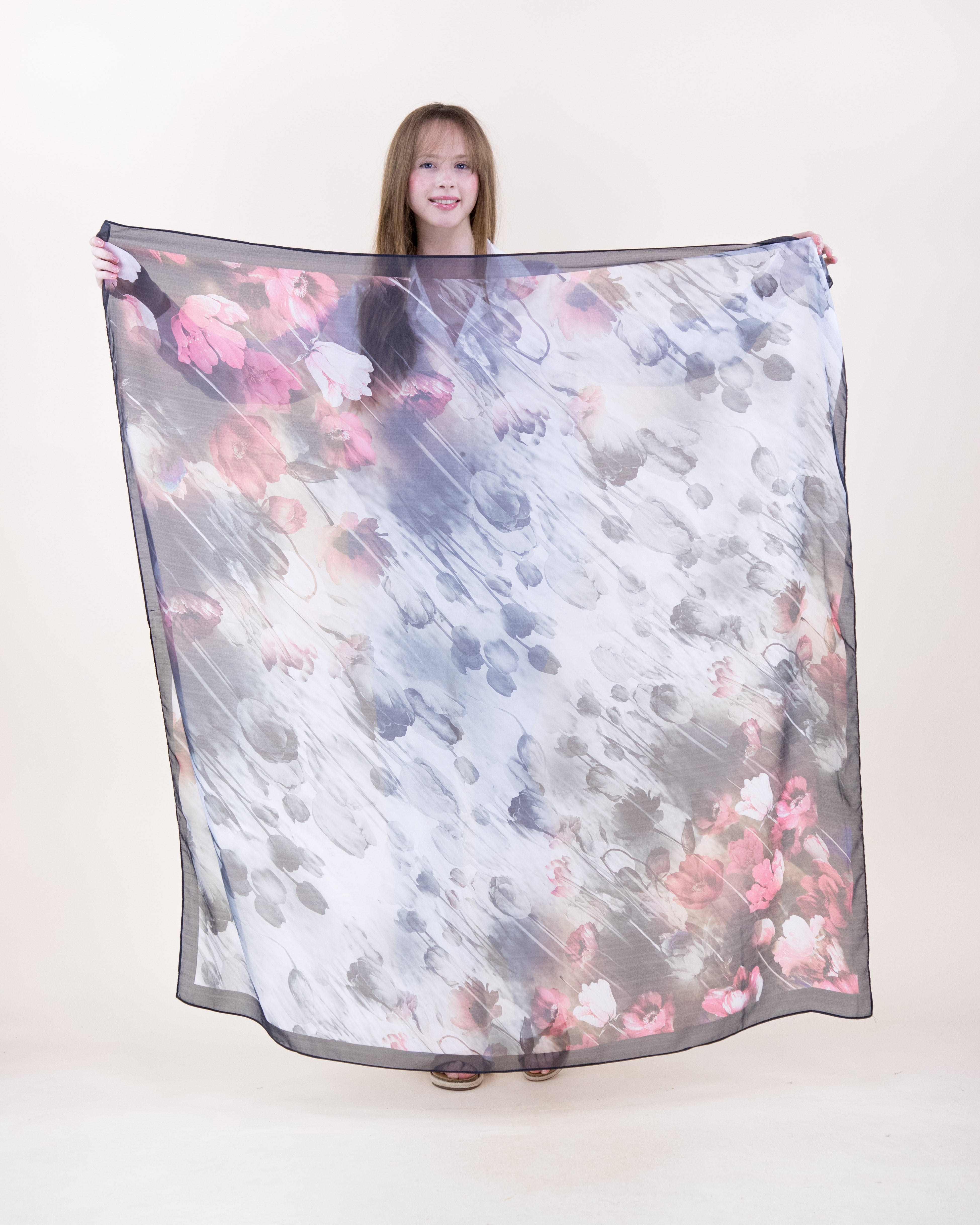Floral Haze Silky Large Square Scarf - BLACK FUCHSIA (Pack of 6)