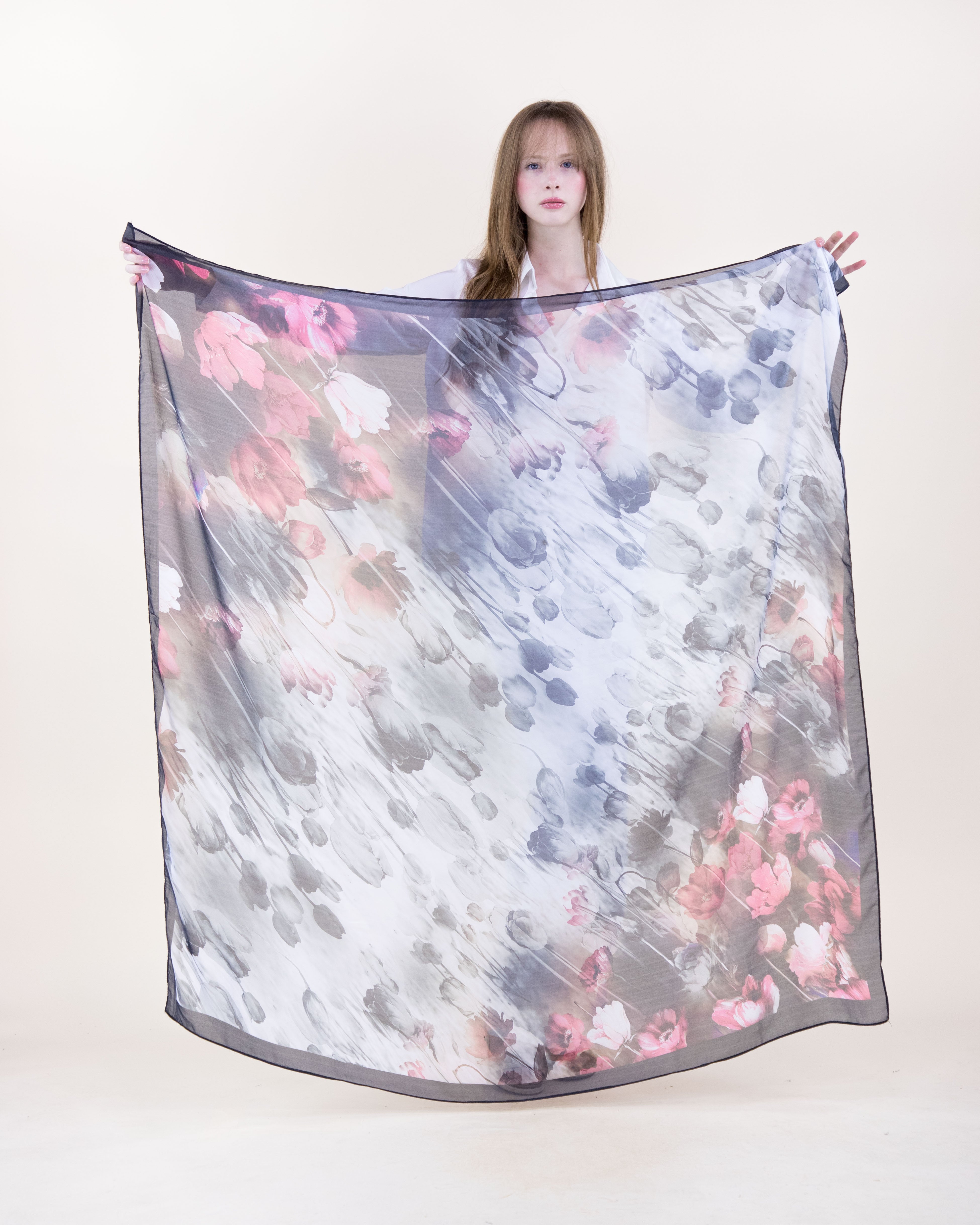Floral Haze Silky Large Square Scarf - BLACK FUCHSIA (Pack of 6)
