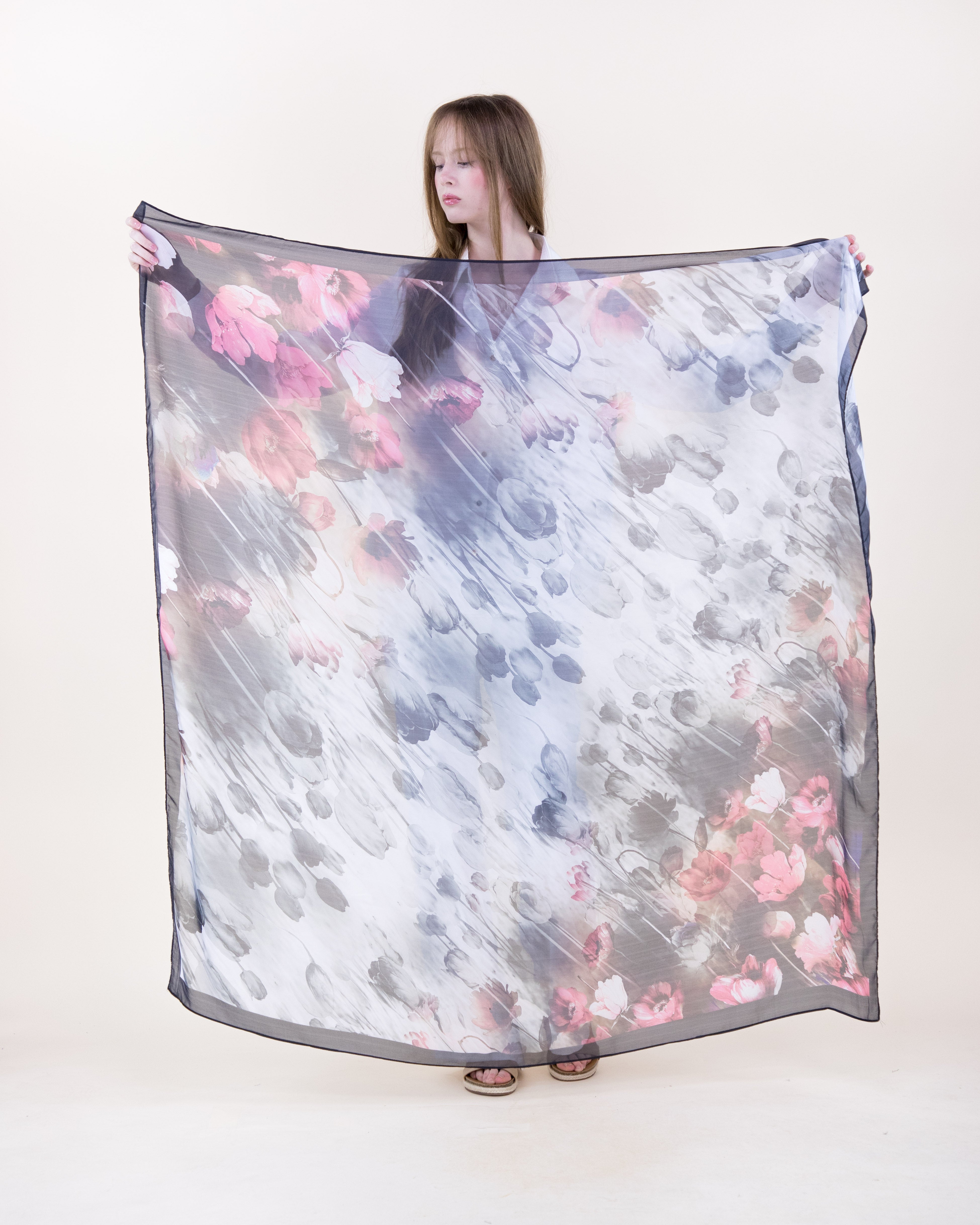 Floral Haze Silky Large Square Scarf - BLACK FUCHSIA (Pack of 6)