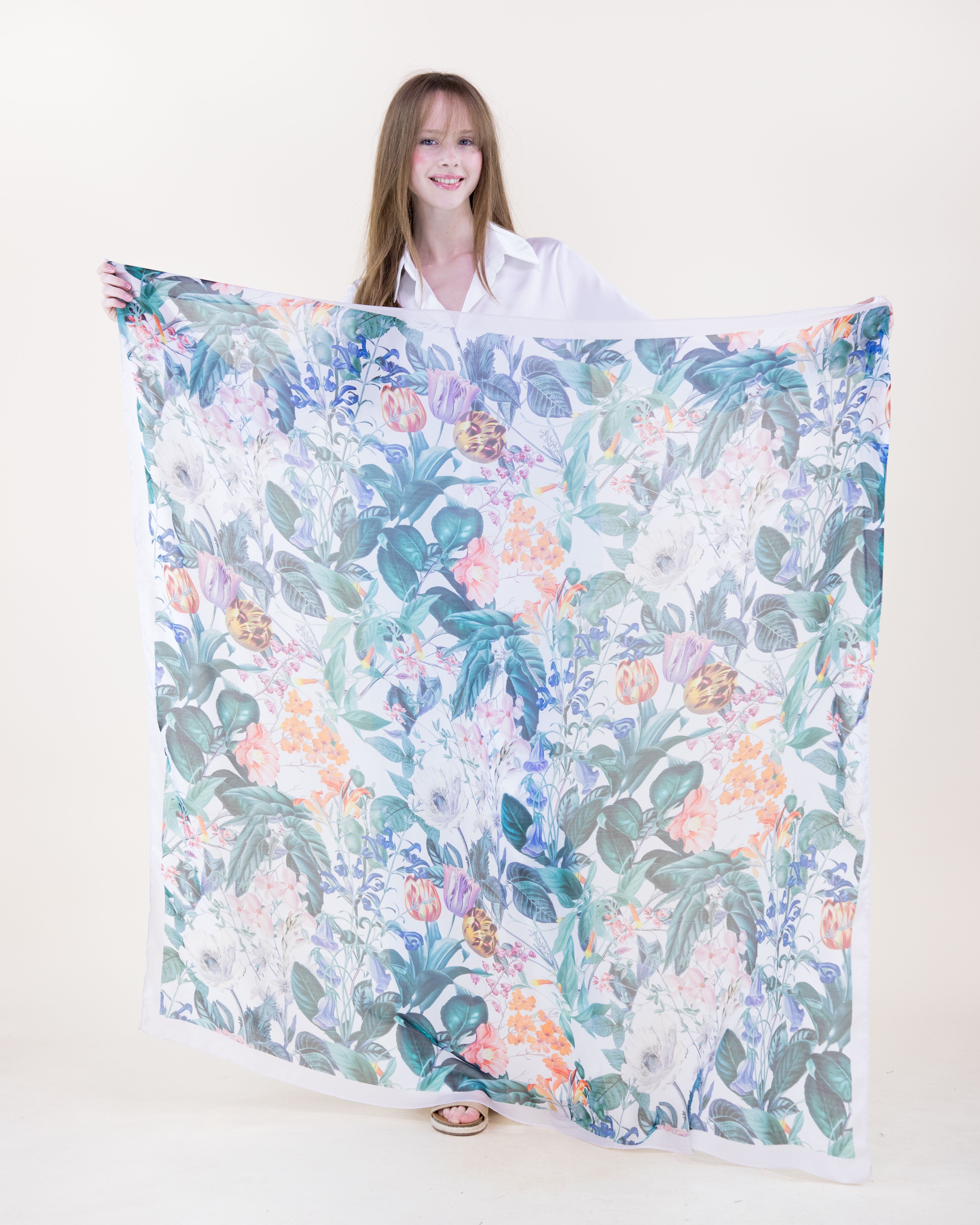 English Botanical Silky Large Square Scarf - WHITE GREEN (Pack of 6)