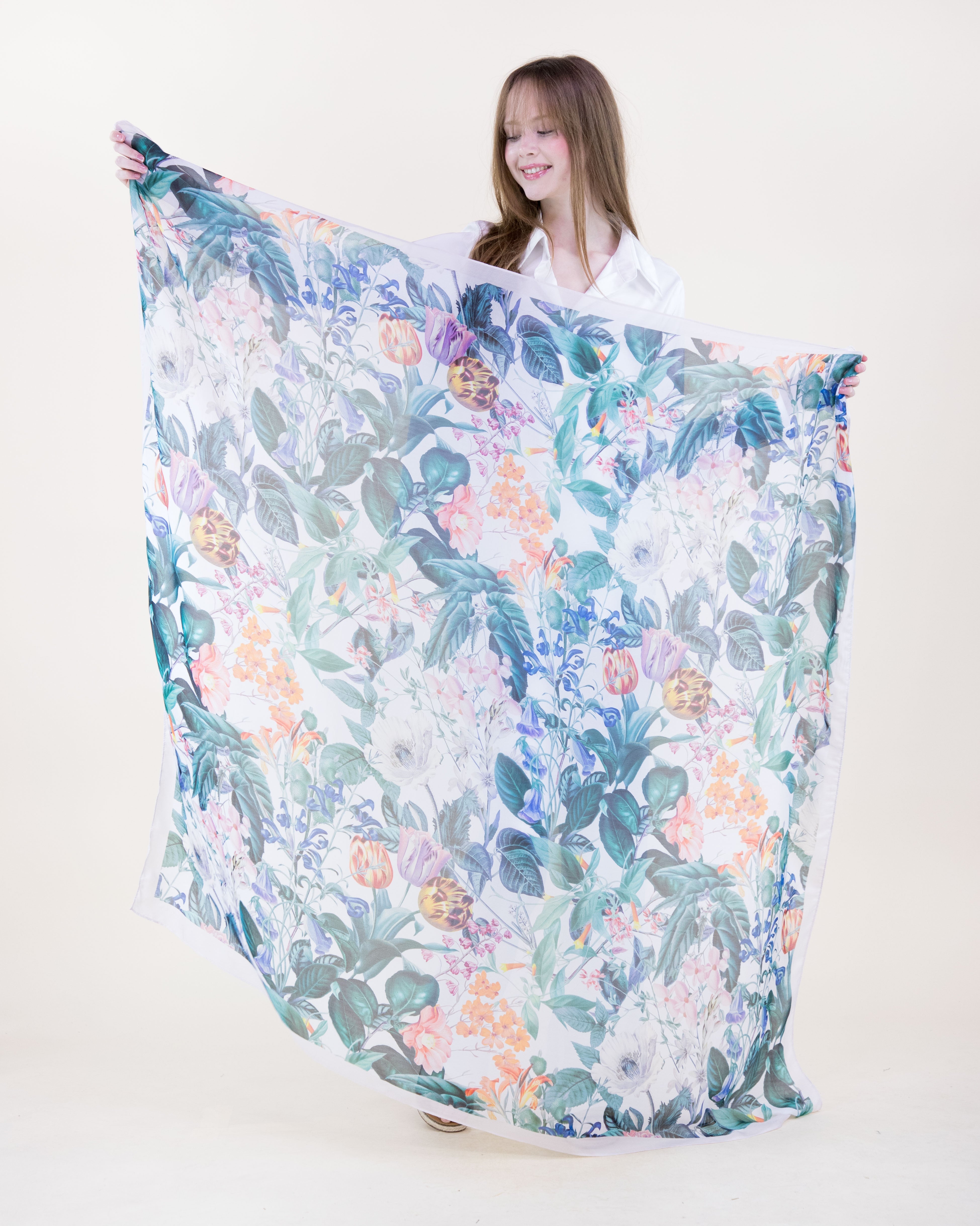 English Botanical Silky Large Square Scarf - WHITE GREEN (Pack of 6)