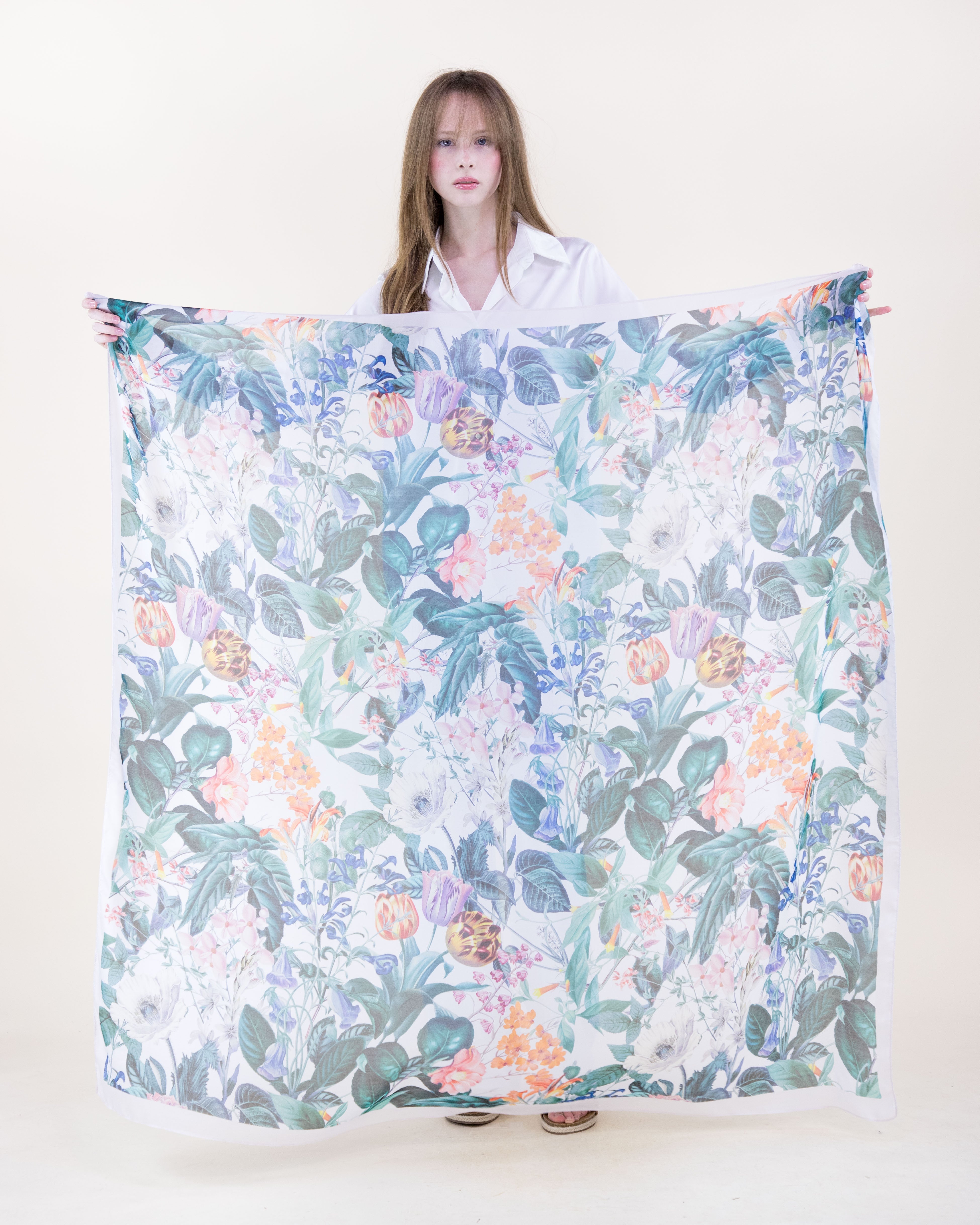 English Botanical Silky Large Square Scarf - WHITE GREEN (Pack of 6)
