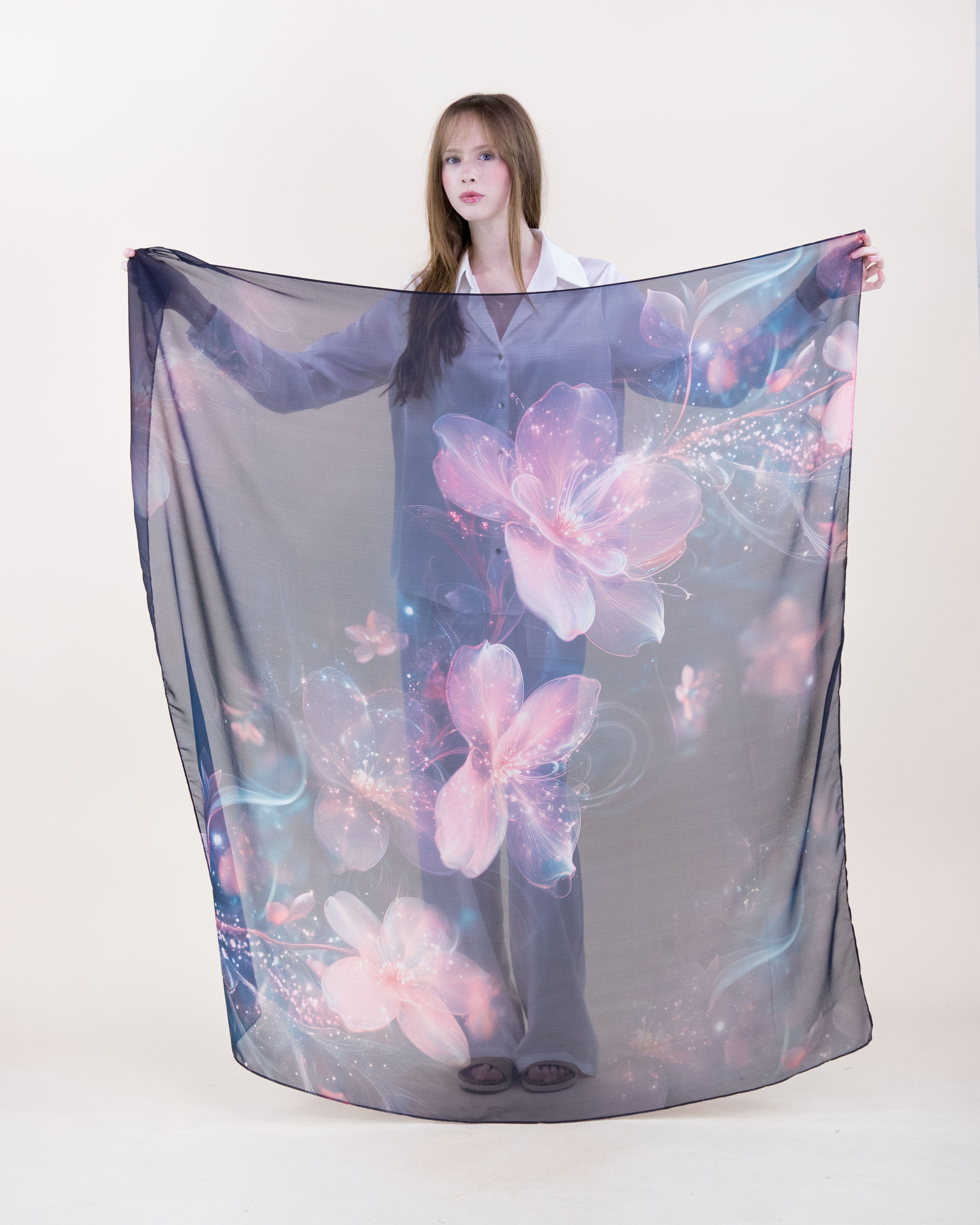 Ethereal Blossom Silky Large Square Scarf - BLACK PINK (Pack of 6)