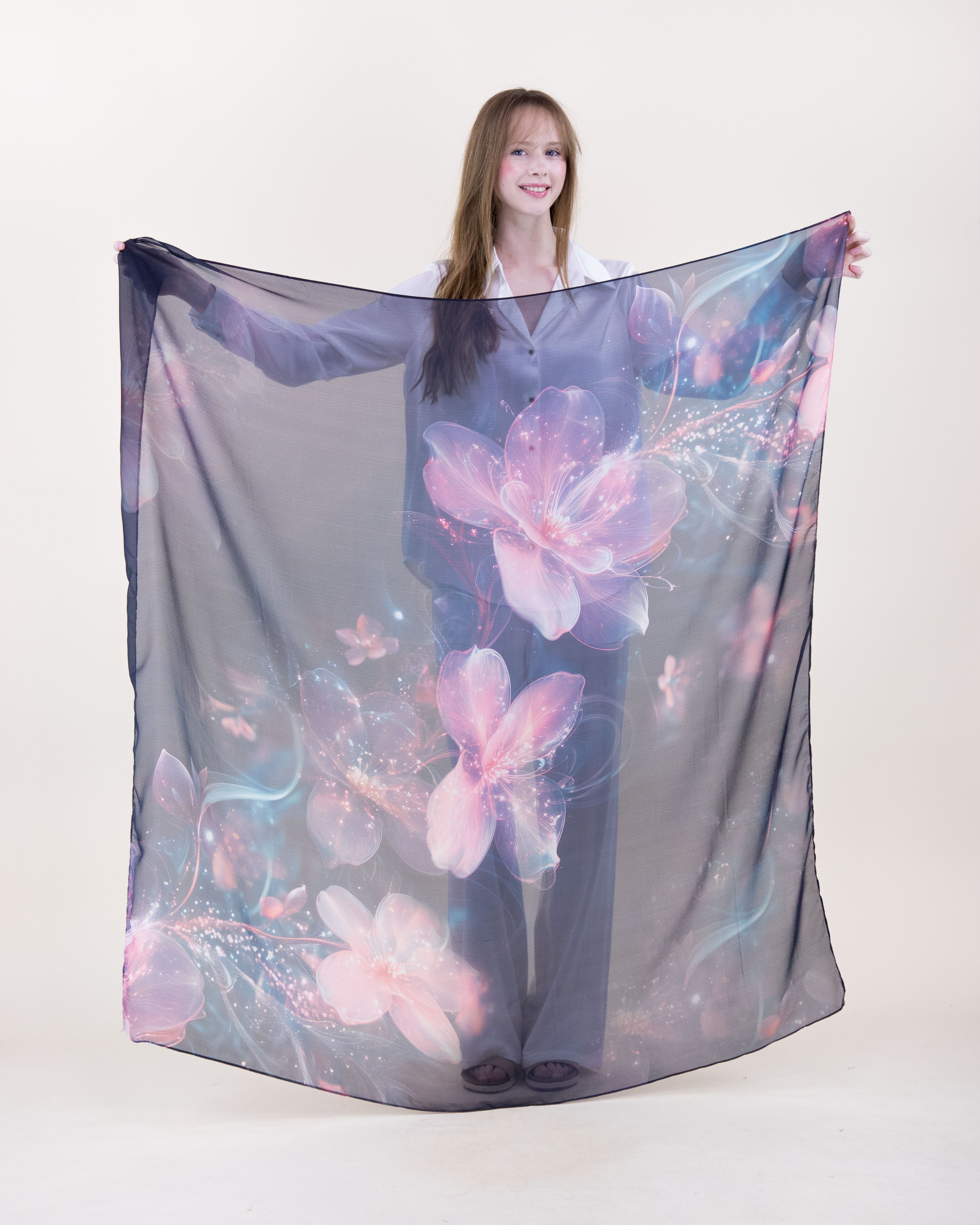 Ethereal Blossom Silky Large Square Scarf - BLACK PINK (Pack of 6)