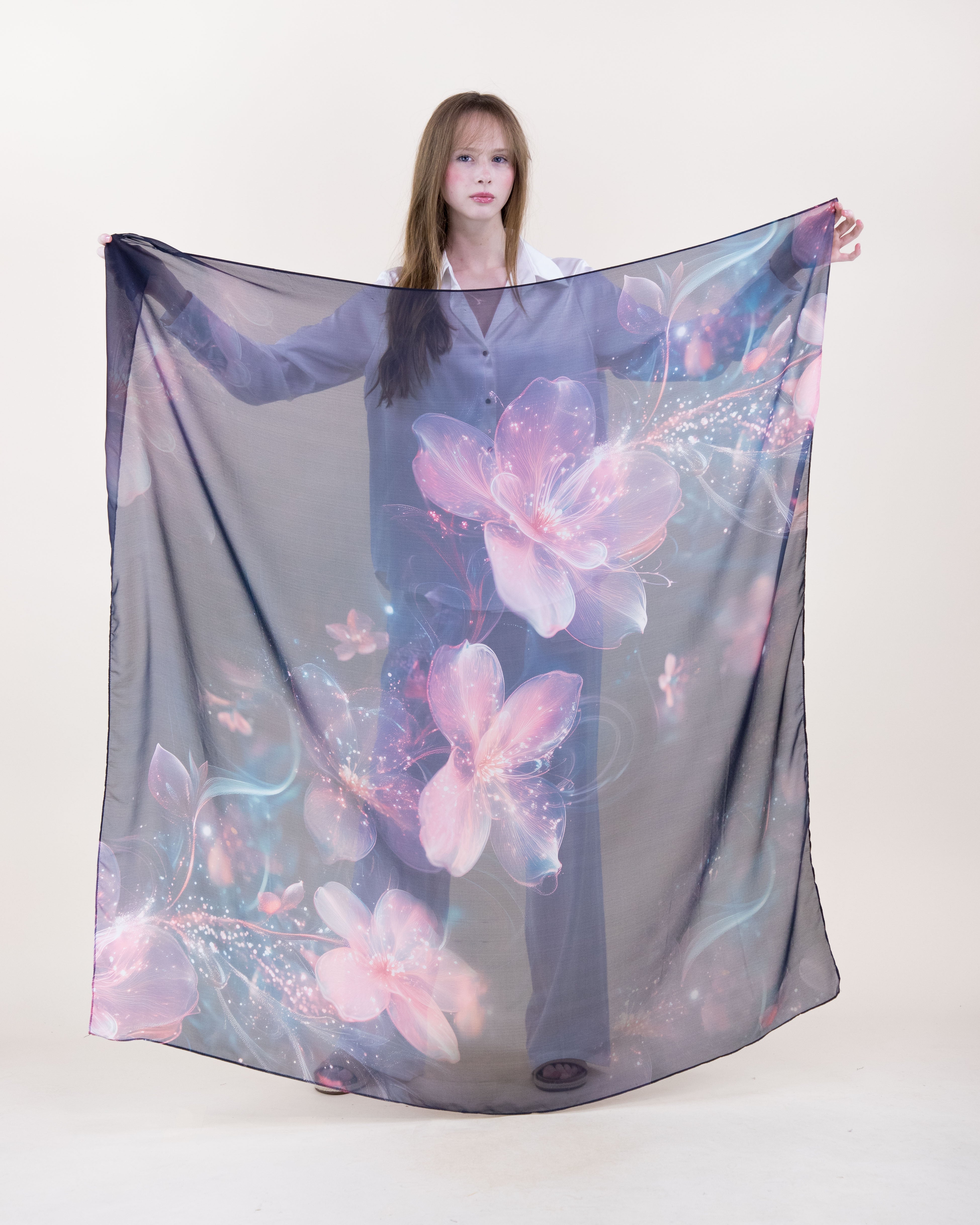 Ethereal Blossom Silky Large Square Scarf - BLACK PINK (Pack of 6)