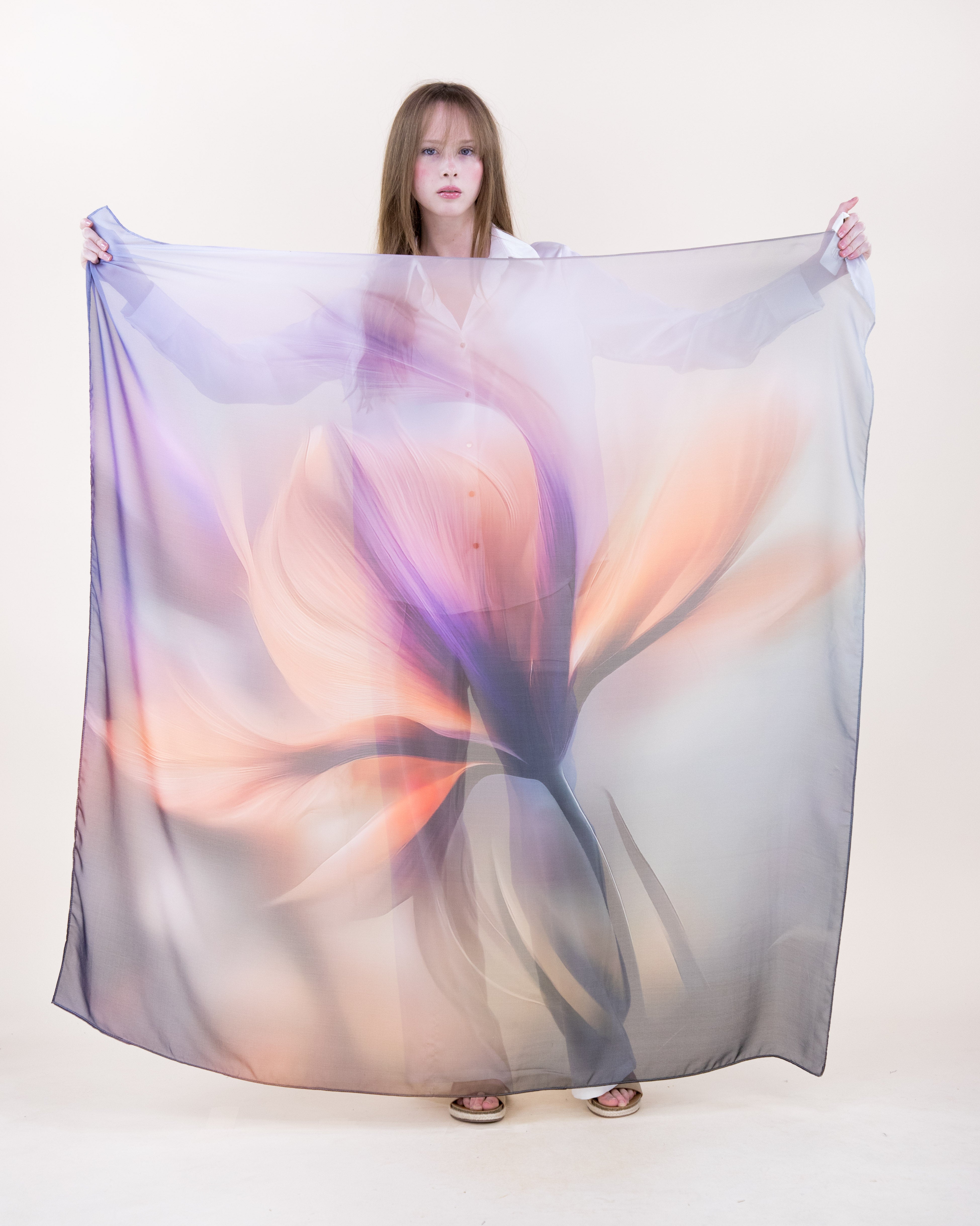 Soft Focus Crocus Silky Large Square Scarf - ORANGE PURPLE (Pack of 6)