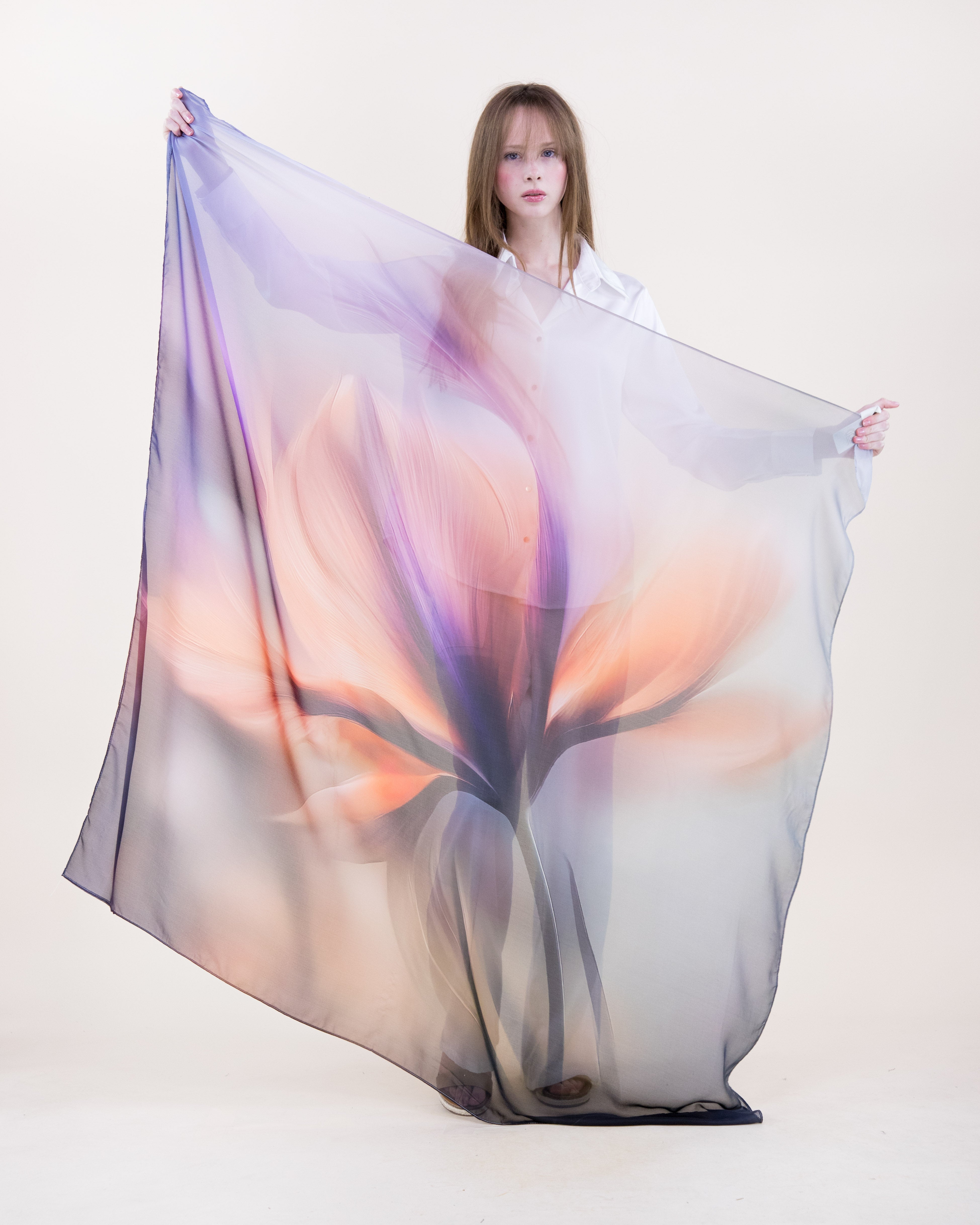 Soft Focus Crocus Silky Large Square Scarf - ORANGE PURPLE (Pack of 6)