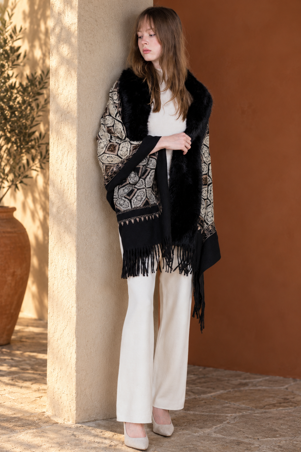 Embroidered Geo Tile Faux Fur Edge Scarf - BLACK (Pack of 6)