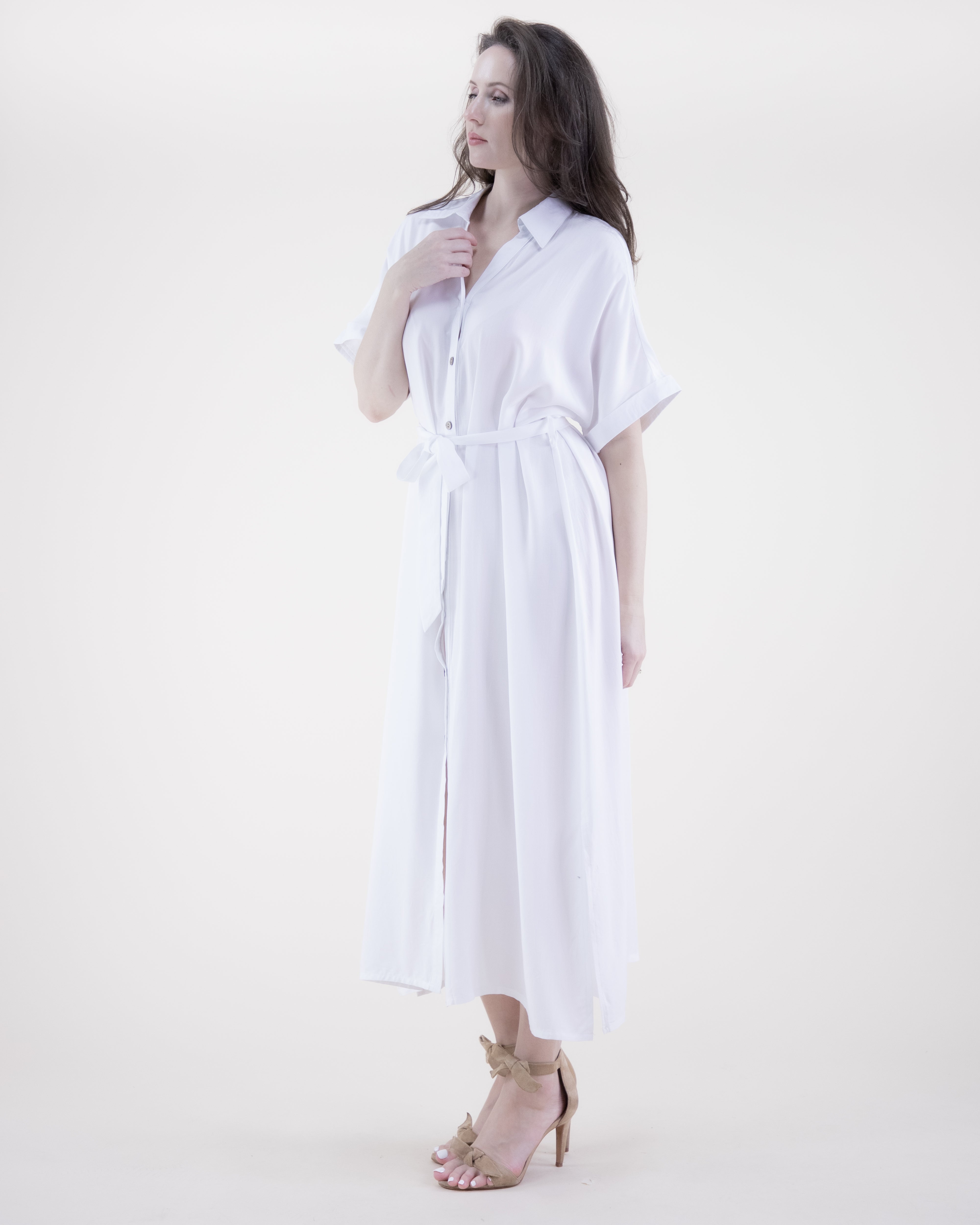 Breezy Drop Shoulder Sleeve Belted Button-up Shirt Dress - WHITE (S/M, L/XL) (Pack of 6)