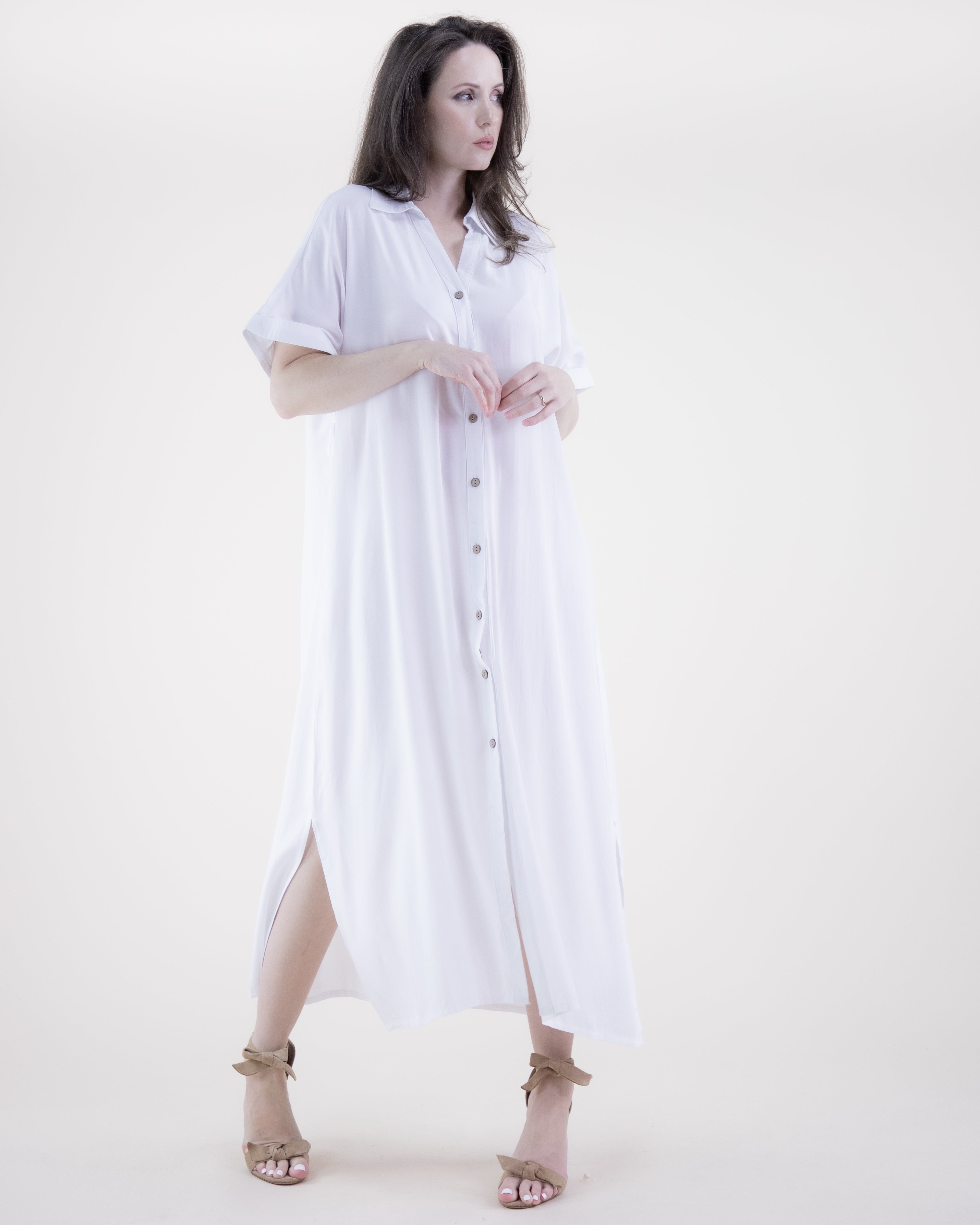 Breezy Drop Shoulder Sleeve Belted Button-up Shirt Dress - WHITE (S/M, L/XL) (Pack of 6)