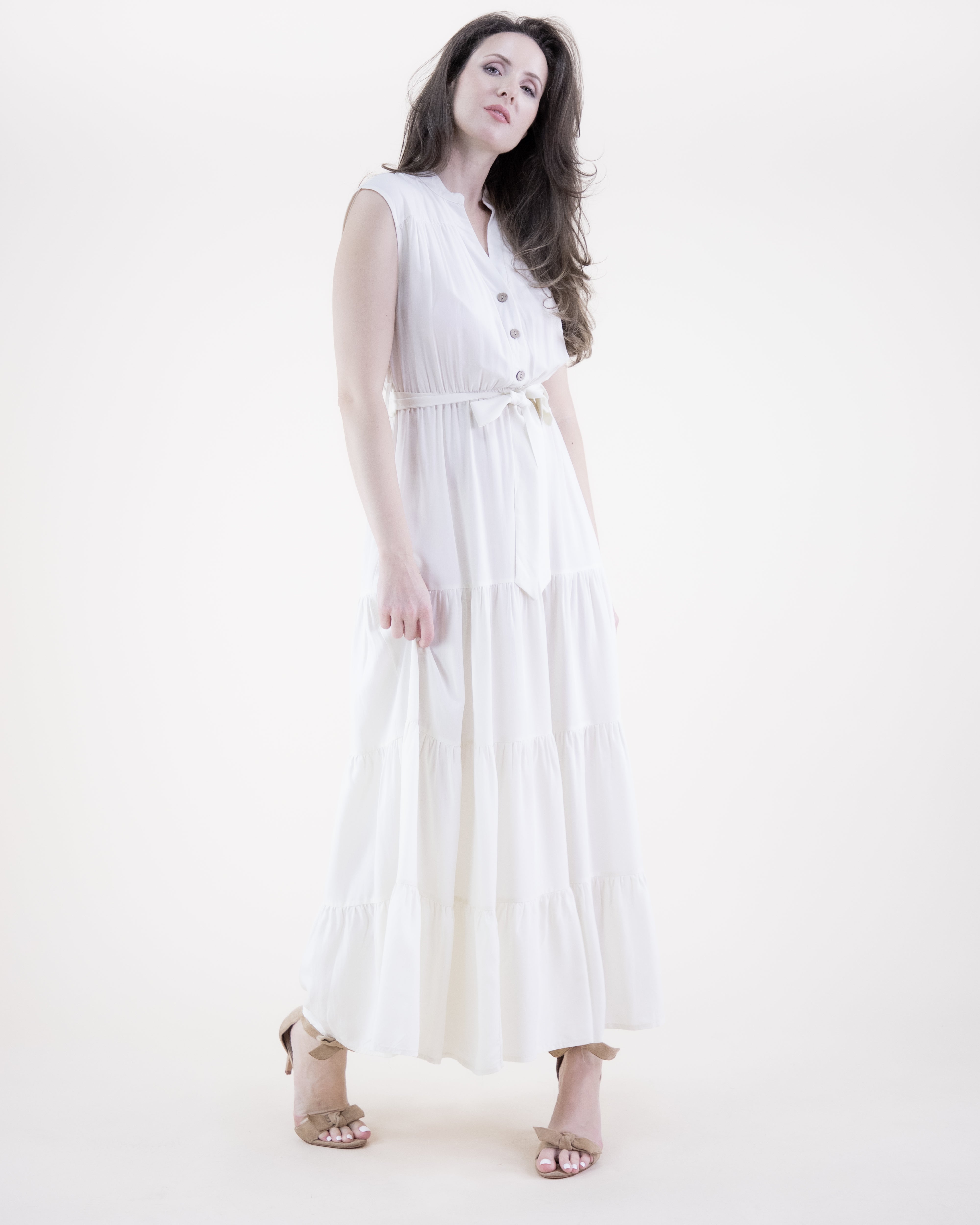 Breezy Sleeveless Button Front Tiered Midi Dress  - CAMEL (S/M, L/XL) (Pack of 6)