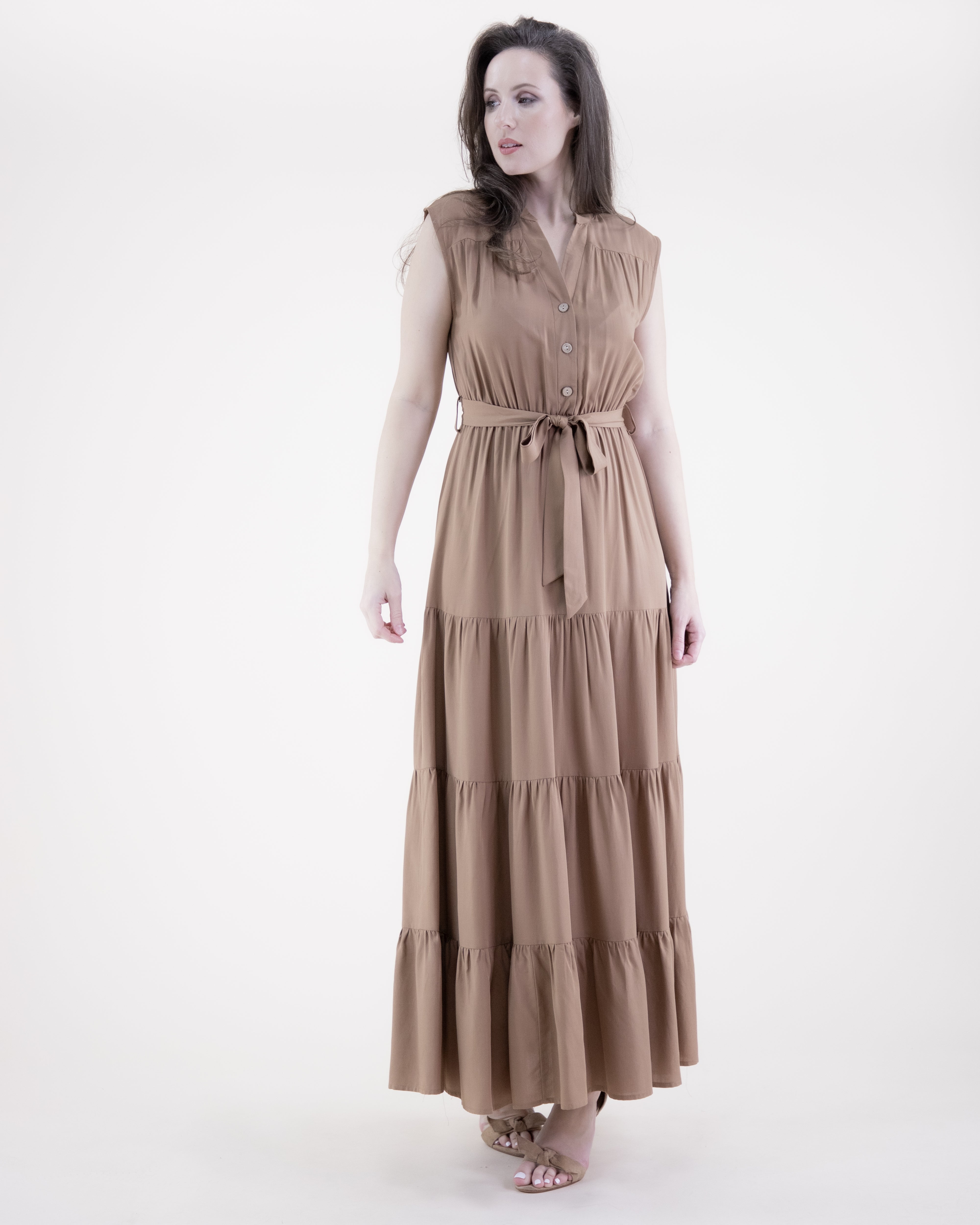 Breezy Sleeveless Button Front Tiered Midi Dress  - CAMEL (S/M, L/XL) (Pack of 6)