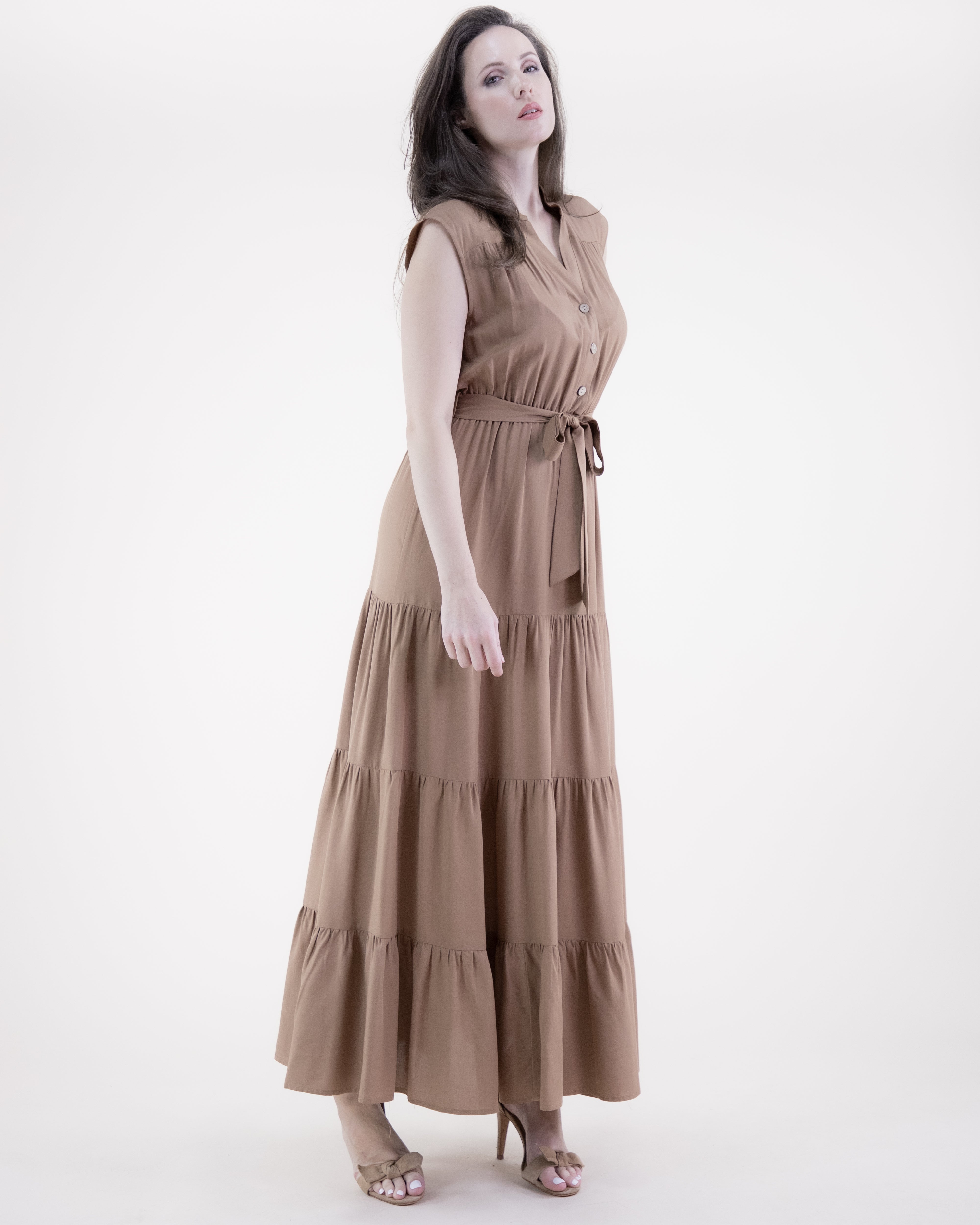 Breezy Sleeveless Button Front Tiered Midi Dress  - CAMEL (S/M, L/XL) (Pack of 6)