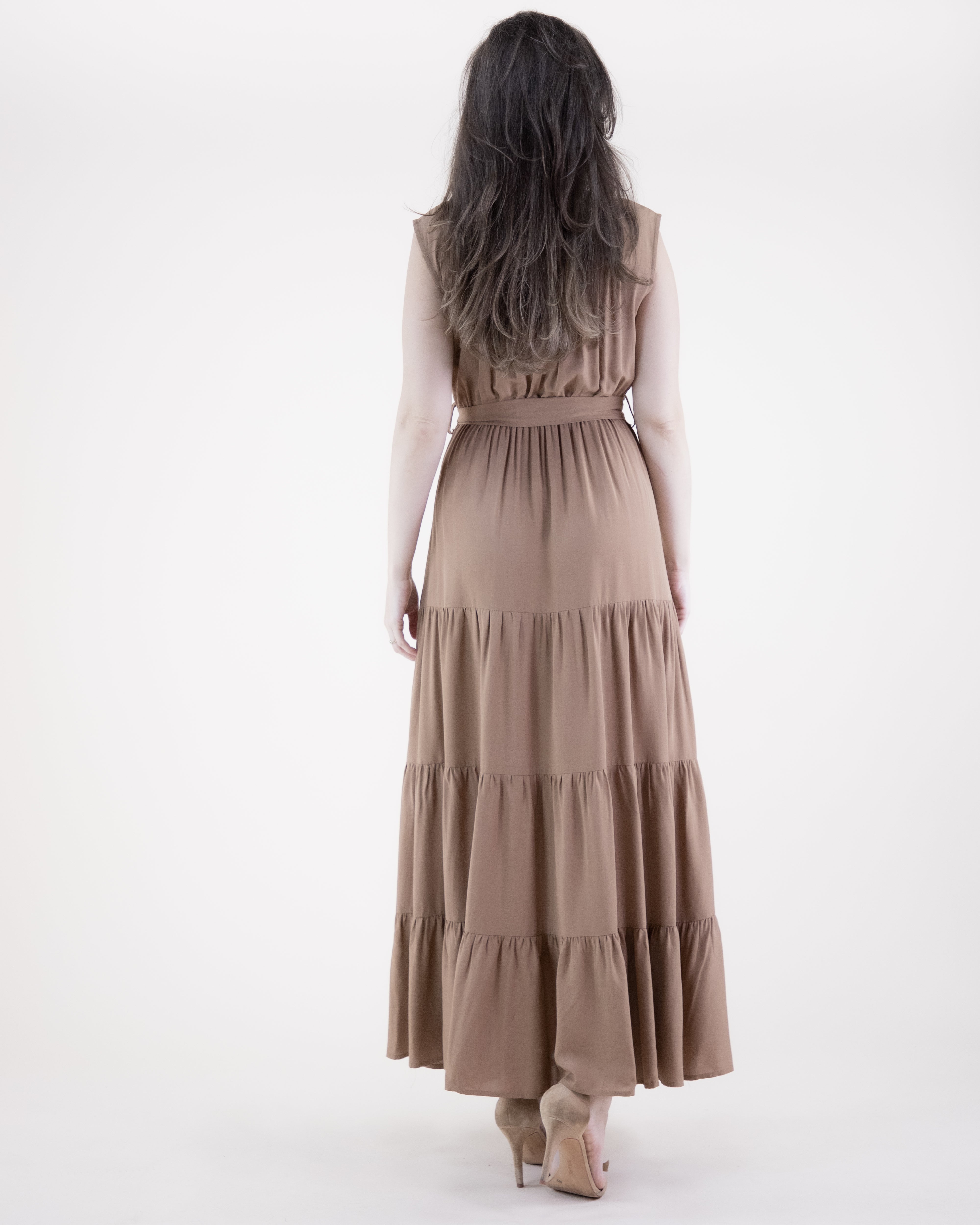 Breezy Sleeveless Button Front Tiered Midi Dress  - CAMEL (S/M, L/XL) (Pack of 6)