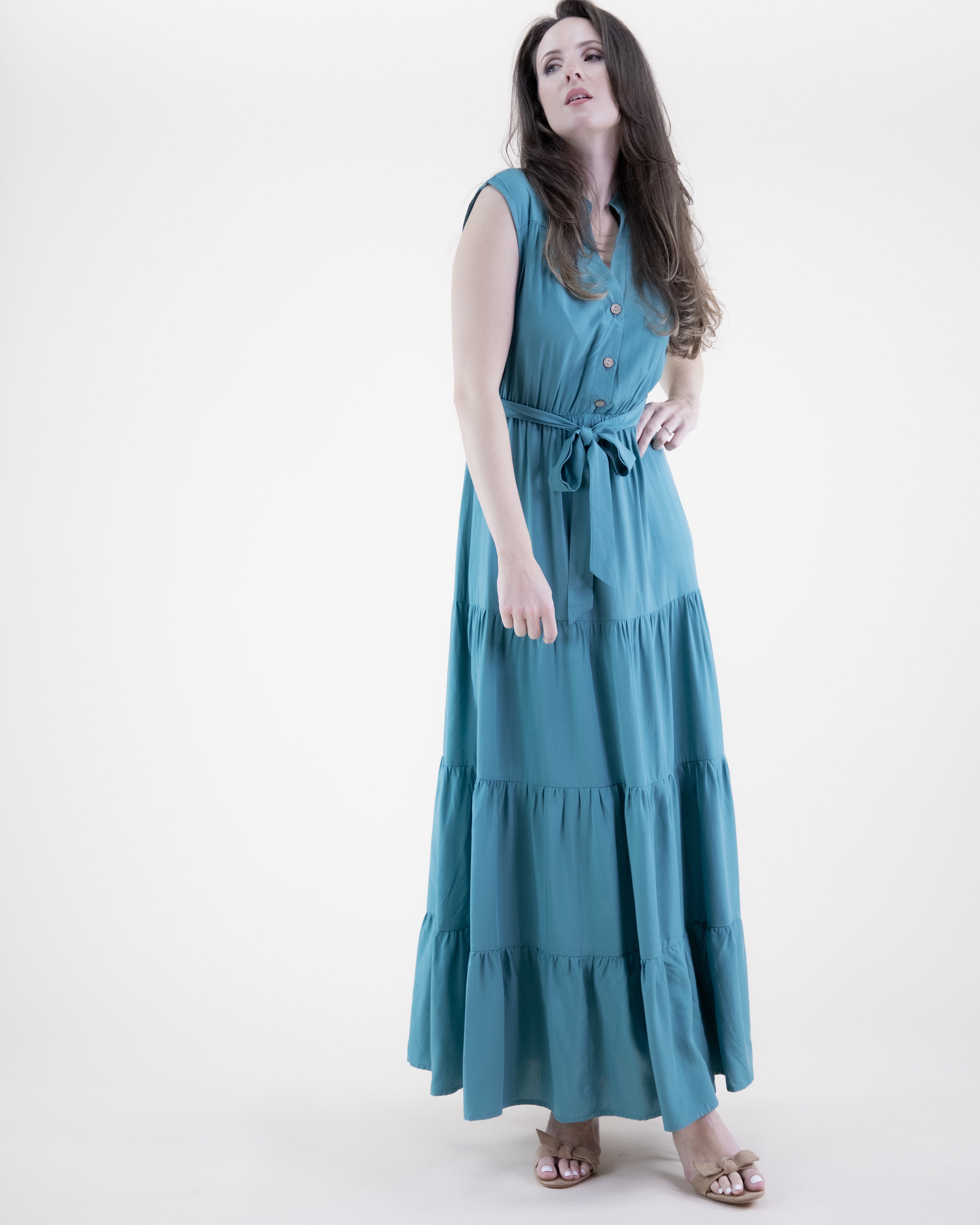 Breezy Sleeveless Button Front Tiered Midi Dress  - CAMEL (S/M, L/XL) (Pack of 6)