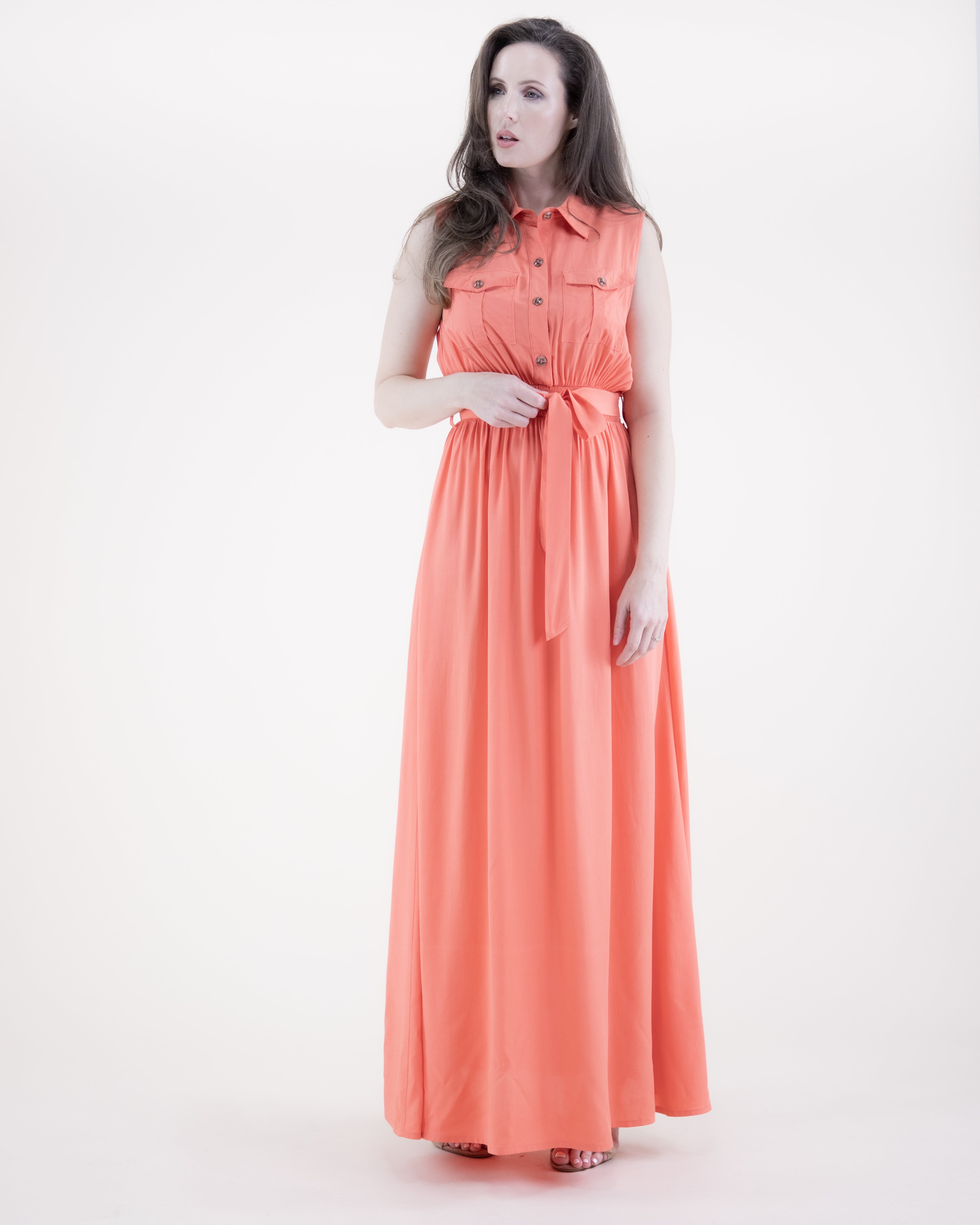 Breezy Sleeveless Button Front Pockets Maxi Dress - ORANGE (S/M, L/XL) (Pack of 6)